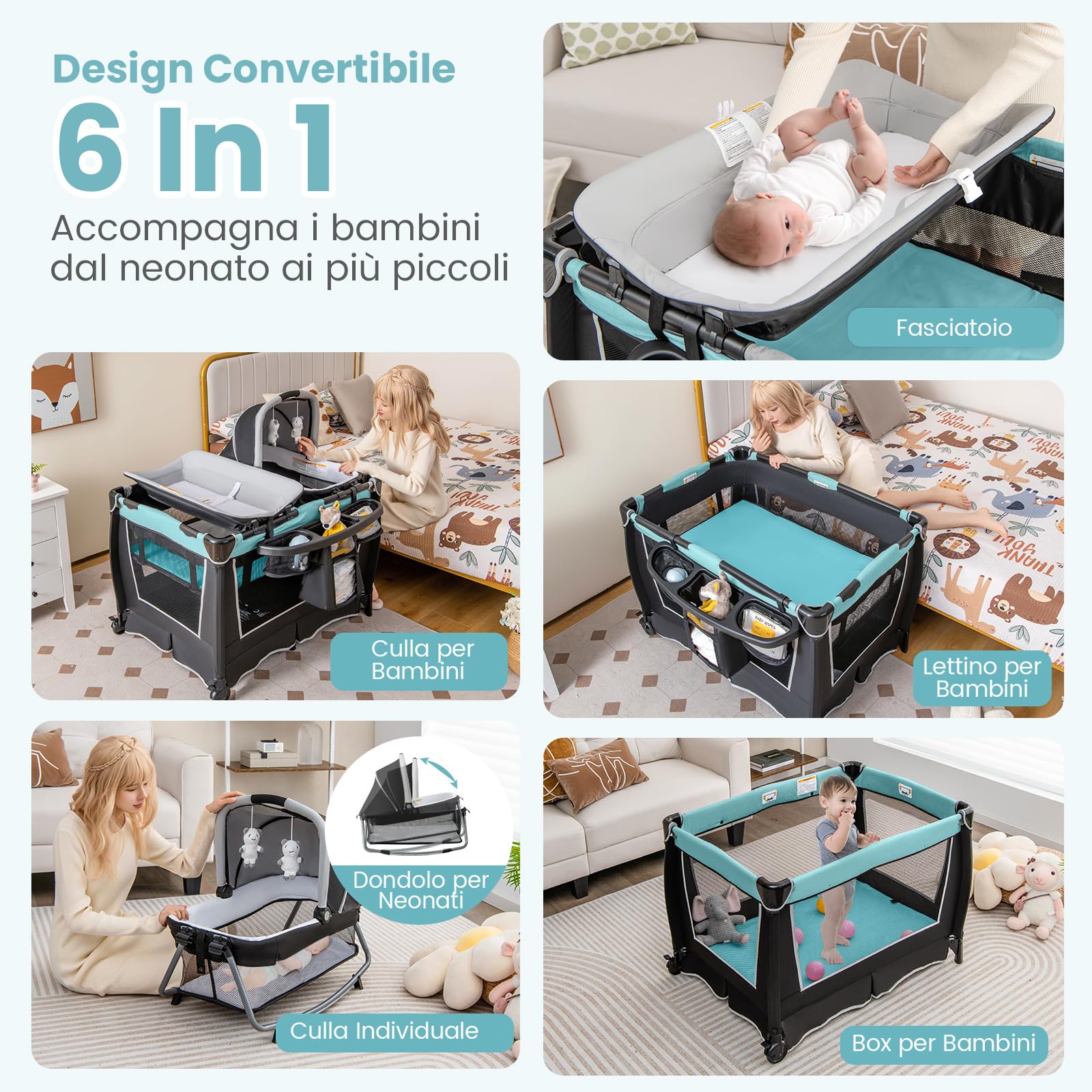 RELAX4LIFE 4 in 1 Lettino da Campeggio per Bambini, Culla Neonato con Fasciatoio, Materasso e Carillon, Lettino Multifunzionale con 2 Piani Regolabili, 0-36 Mesi (Verde)