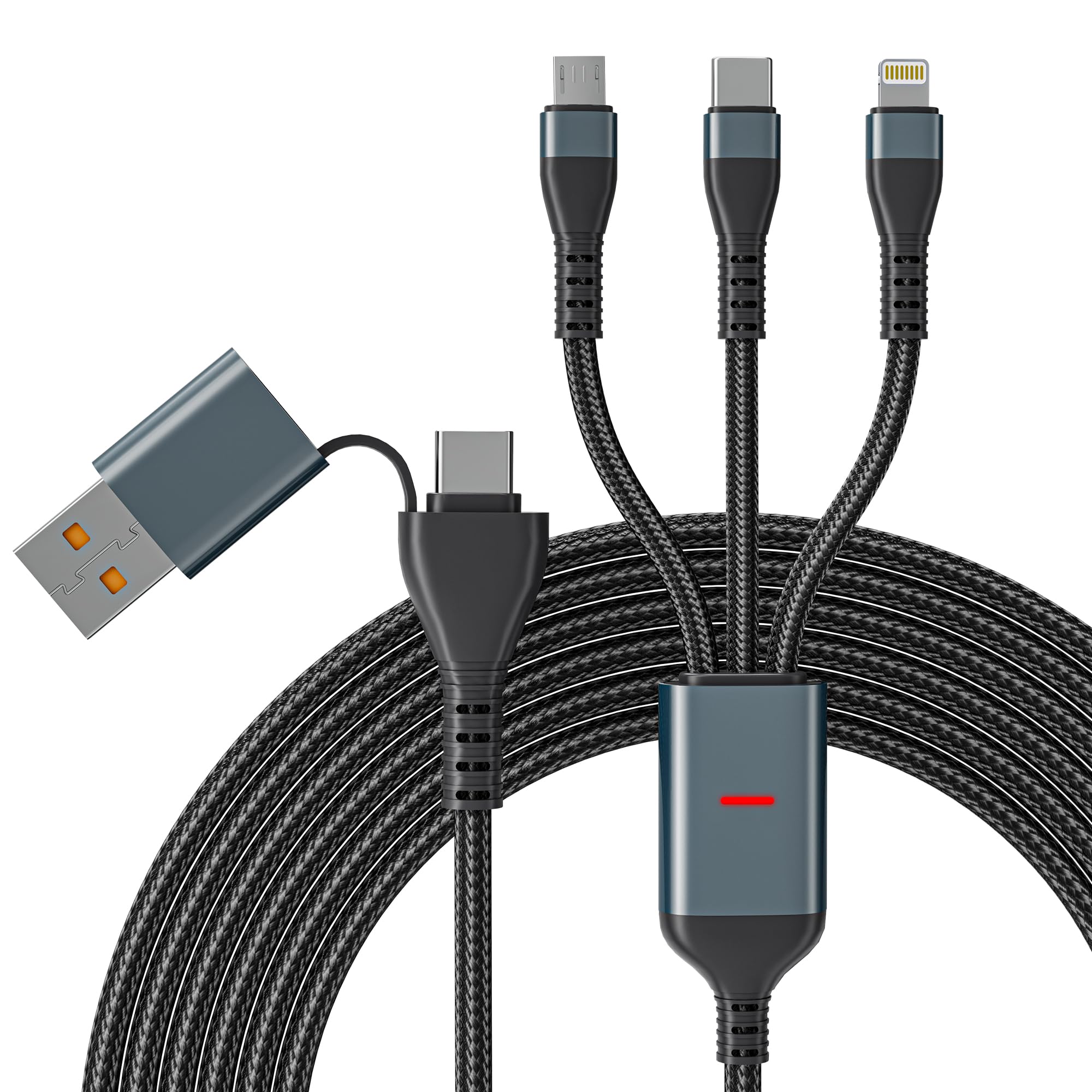Cable de carga multirápida USB C a 3 en 1 de 100 W certificado MFi universal tipo C/Micro USB/Lightning compatible con MacBook, portátil, iPhone 17/16/15, iPad, Samsung Galaxy, Android