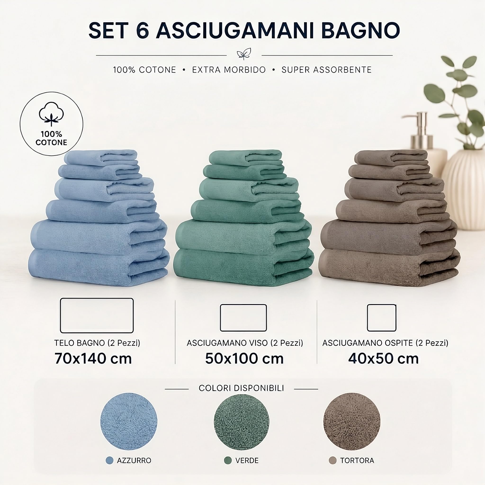 Ruggeri Set 6 Asciugamani Bagno, Cotone 2 Teli + 2 Viso + 2 Ospite, Tortora