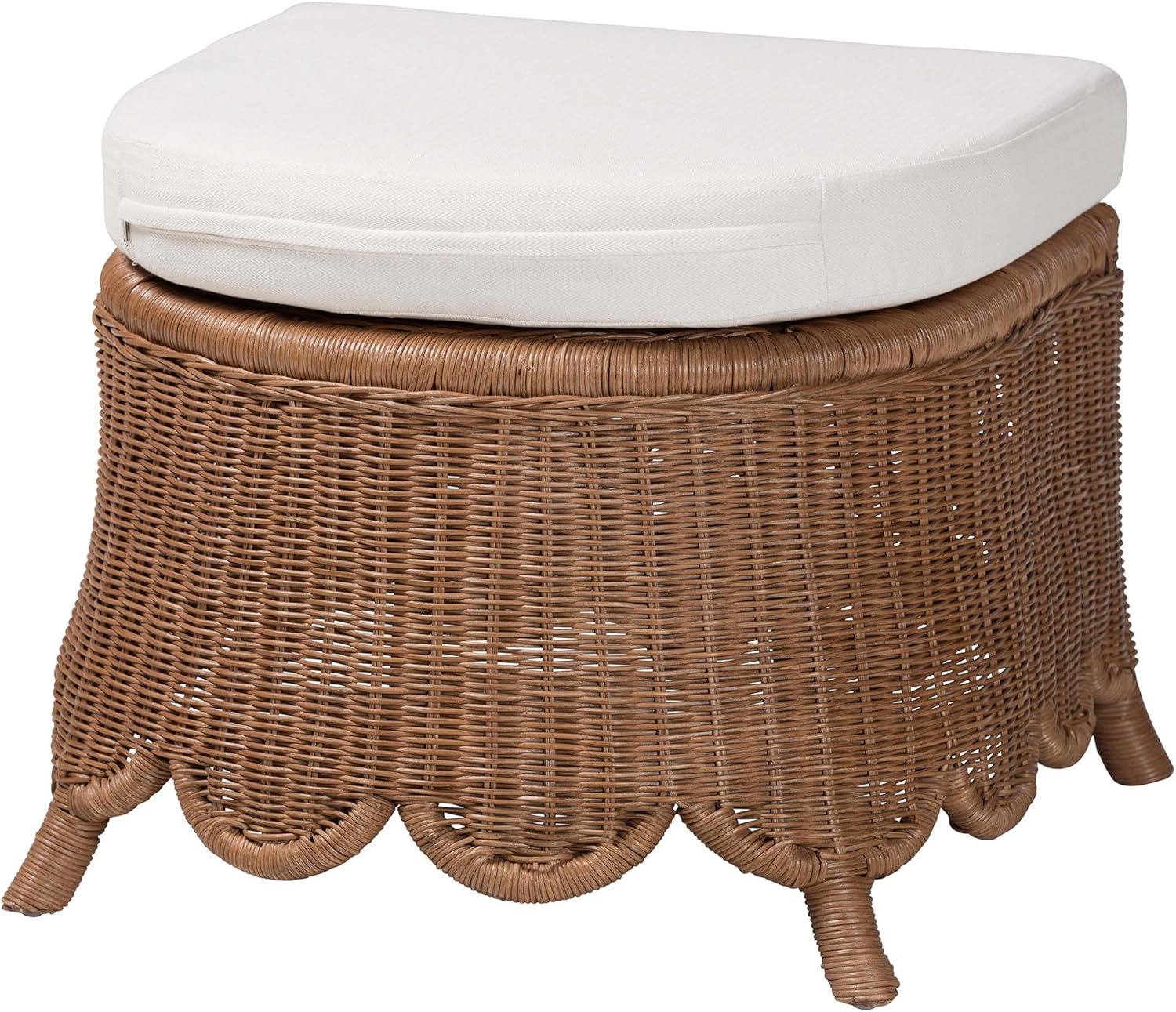 Bali & pari Detta Natural Rattan Footstool with Cushion - Handwoven Wicker Ottoman with Scalloped Skirt Base for Coastal Lounge or Sunroom Seating
