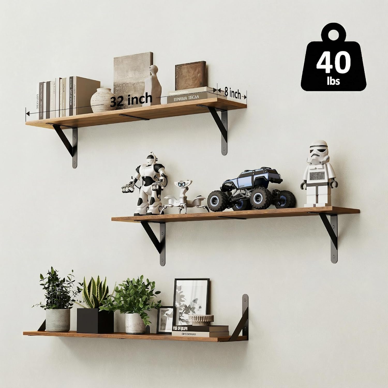 WOPITUES Floating Shelves for Wall 32″W x 8″D, Long Wall Mounted Shelves Set of 3, Wood Book Shelves Decor, Farmhouse Display Shelf for Bedroom, Living Room, Laundry Room, Kitchen, Bathroom, Brown