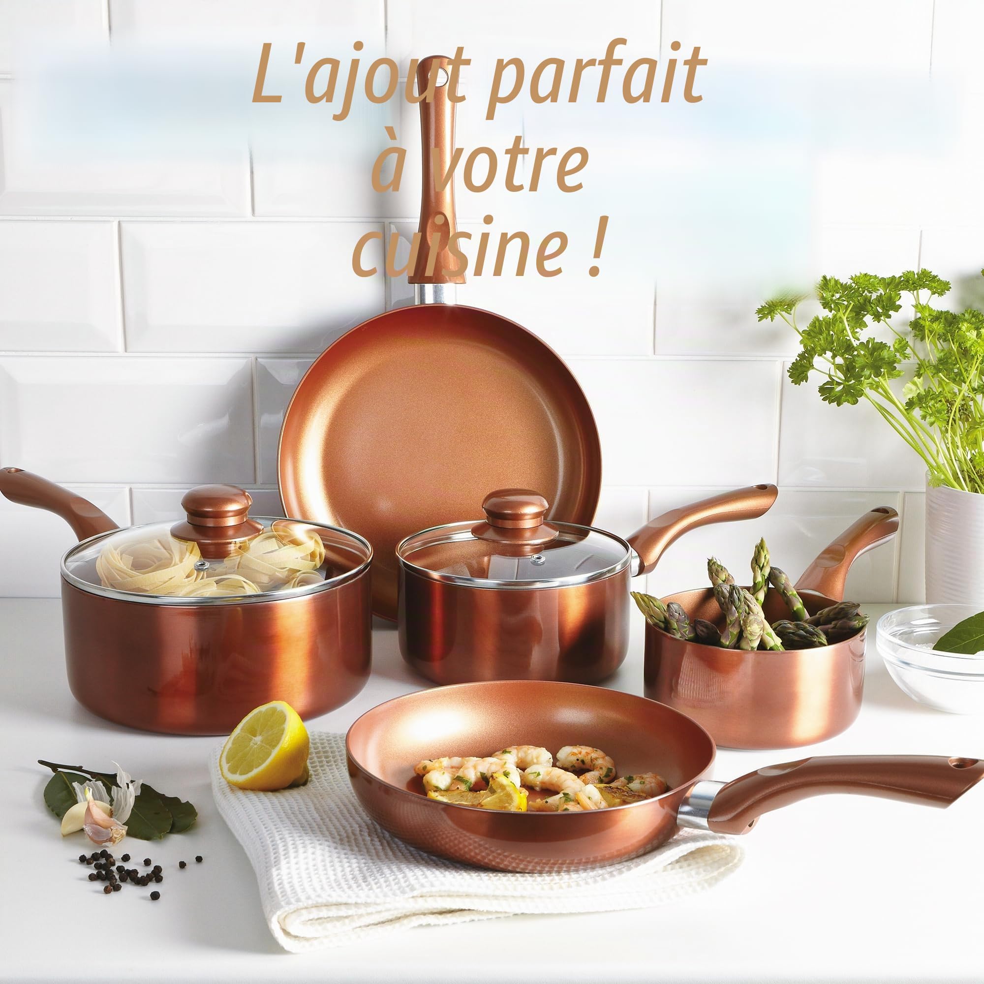 Batterie de Cuisine 5 pièces Copper Collection - Comprend 2 poêles et 3 casseroles - Revêtement Anti-adhésif en céramique avec extérieur en cuivre métallique - Compatible avec Tous Les Types de