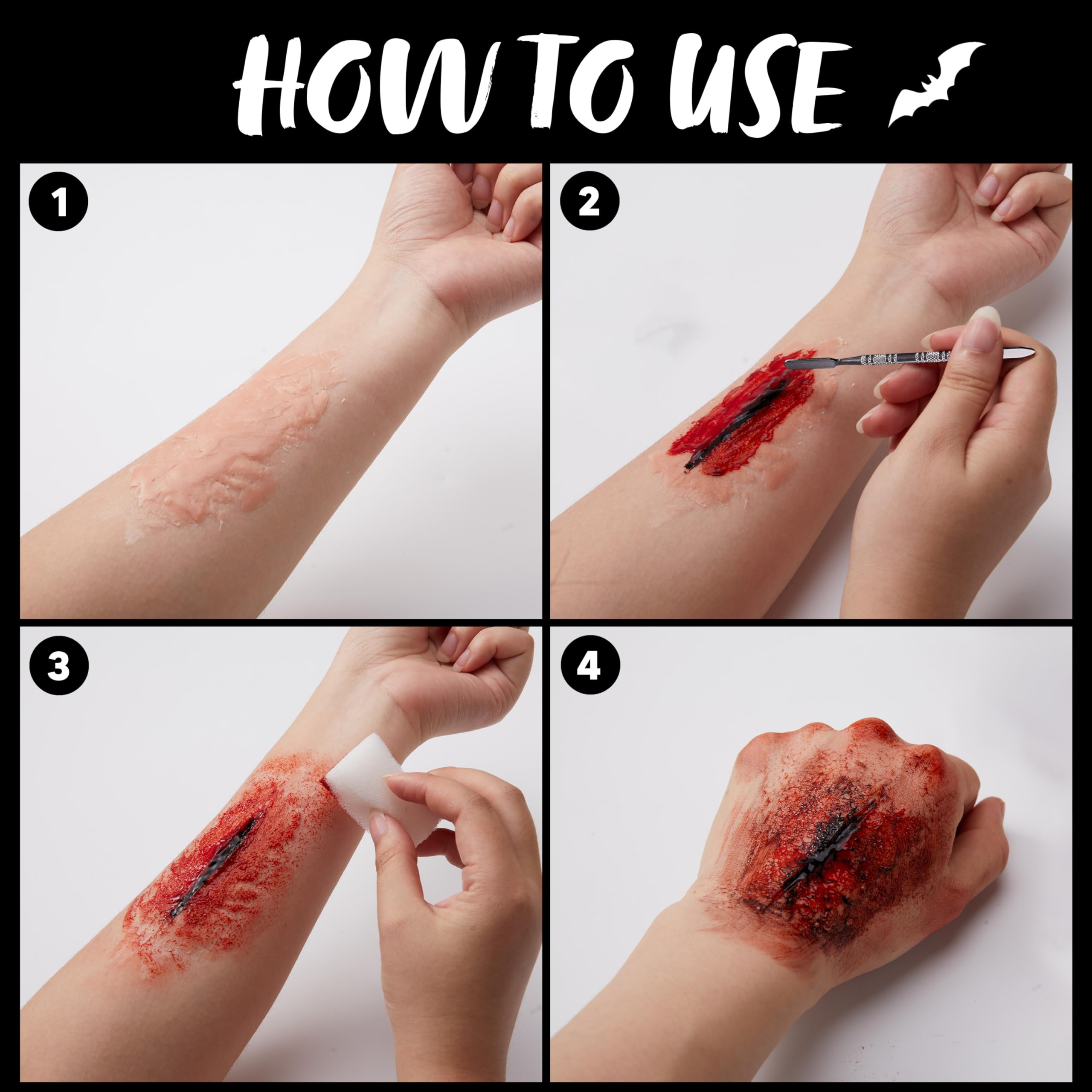 Juego de 6 piezas de maquillaje de Halloween, paleta de maquillaje de 6 colores, cera de cicatrices con herramienta de espátula, spray de sangre, esponjas de punteado, disfraz 5