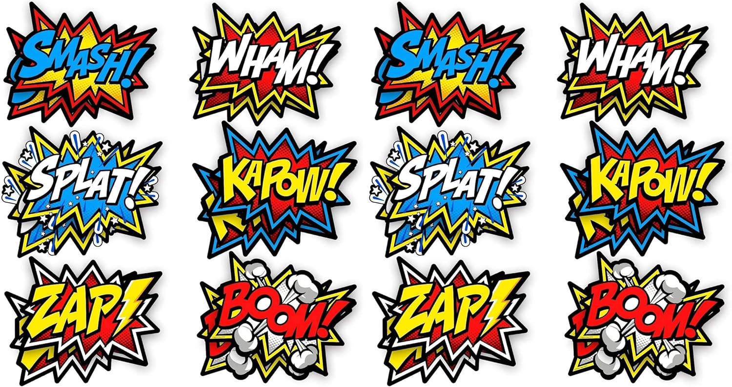 Bigtime Signs 12 Pieces Super Hero Stickers - Superhero Party Decorations for Birthday - Superhero Themed Party Favors - 12"x16" Sound Effect Signs for Kids - Boom Pow Sign and Decorations (Pack of 2)