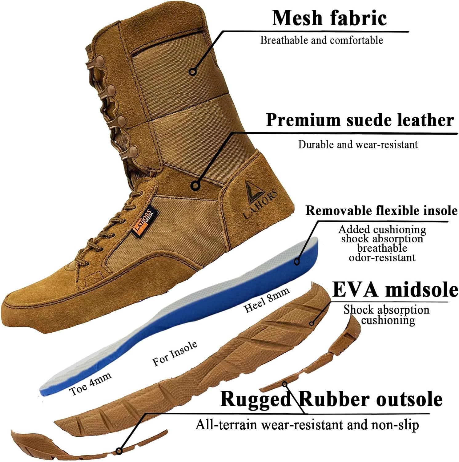 Lightweight Mens Tactical Shoes Combat Boots Coyote Brown Boots Military Training Lace Up Outdoor Hiking Breathable Army Shoe Side Zipper - Image 3