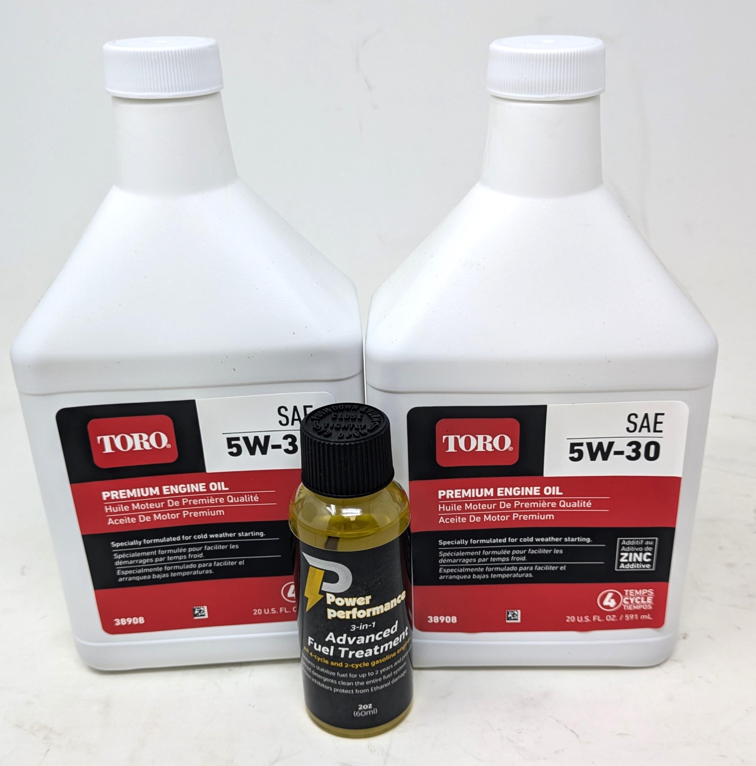 ToroPack of 2 38908 SAE 5W-30 Premium Engine Oil 20oz Bottles and Fuel Treatment