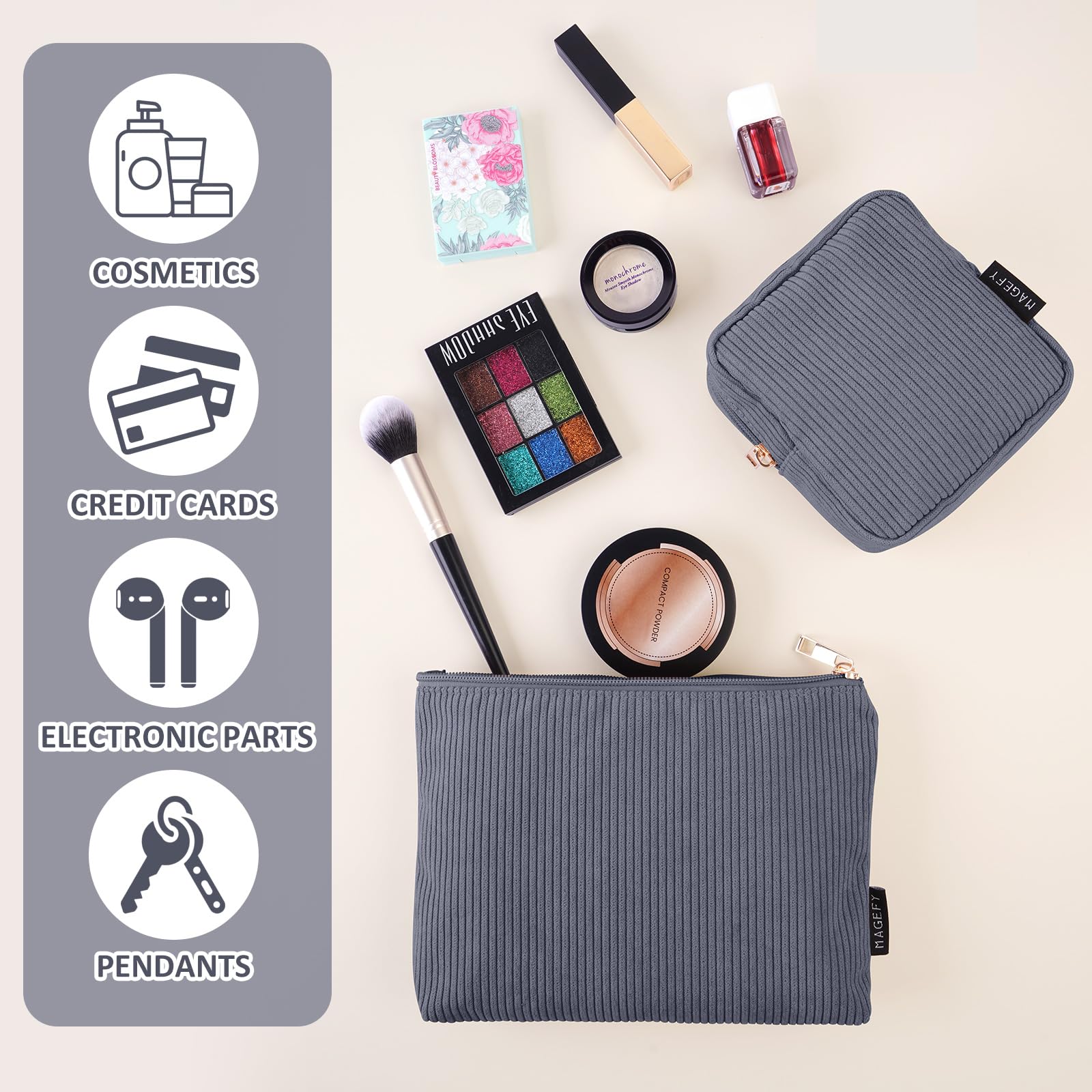 MAGEFY Makeup Bag 2Pcs Small Makeup Bag for Purse Travel Cosmetic Bag Corduroy Makeup Pouch Portable Versatile Zipper Make up Bag for Womem Grey - Image 4