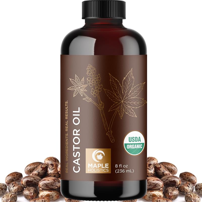 Óleo de rícino orgânico Maple Holistics em frasco de vidro, 100% puro, prensado a frio e não refinado, 240 mL