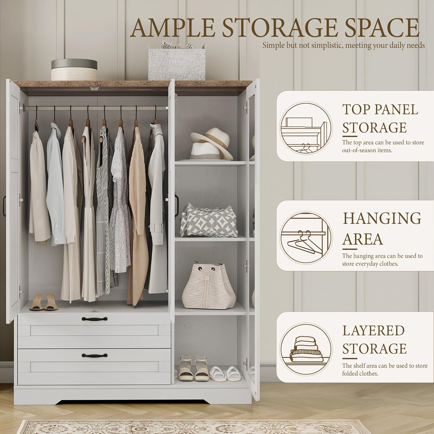 Yechen 3-Door Wooden Armoire Wardrobe Closet with Drawers and Shelves, Bedroom Armoires Closet with Mirror for Hanging Clothes, Coat, Farmhouse Wardrobe Cabinet for Large Storage Needed