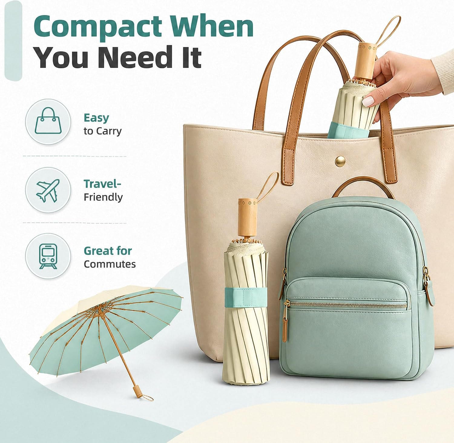 Compact Folding Umbrella, Windproof Travel Umbrella with UPF 50+ UV Protection