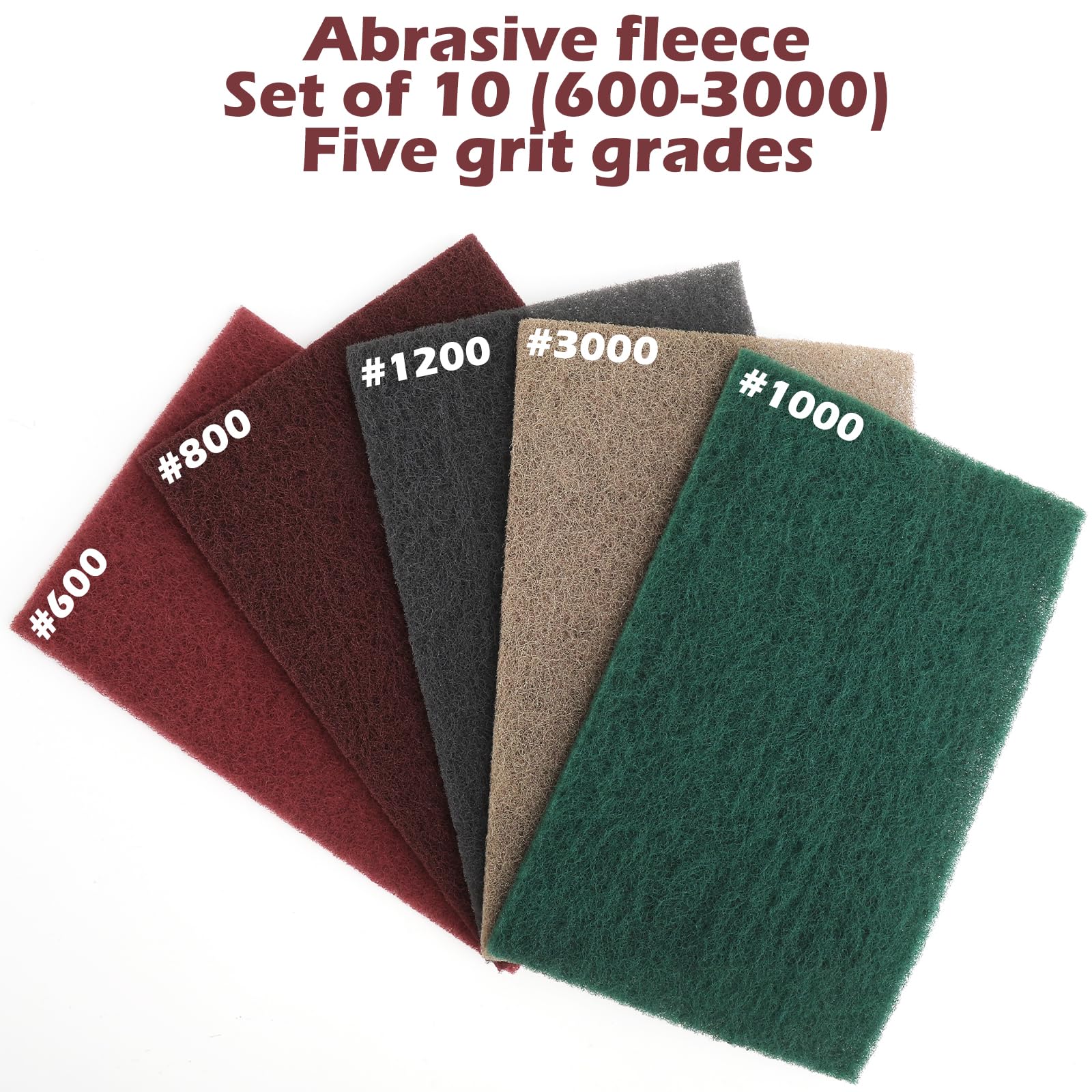 10 podkładek z włókniny ściernej 150 x 230 mm – mata z włókniny ściernej o 5 ziarnistościach 600/800/1000/1200/3000 do metalu, drewna, stali nierdzewnej, 1 para rękawic czyszczących – włóknina