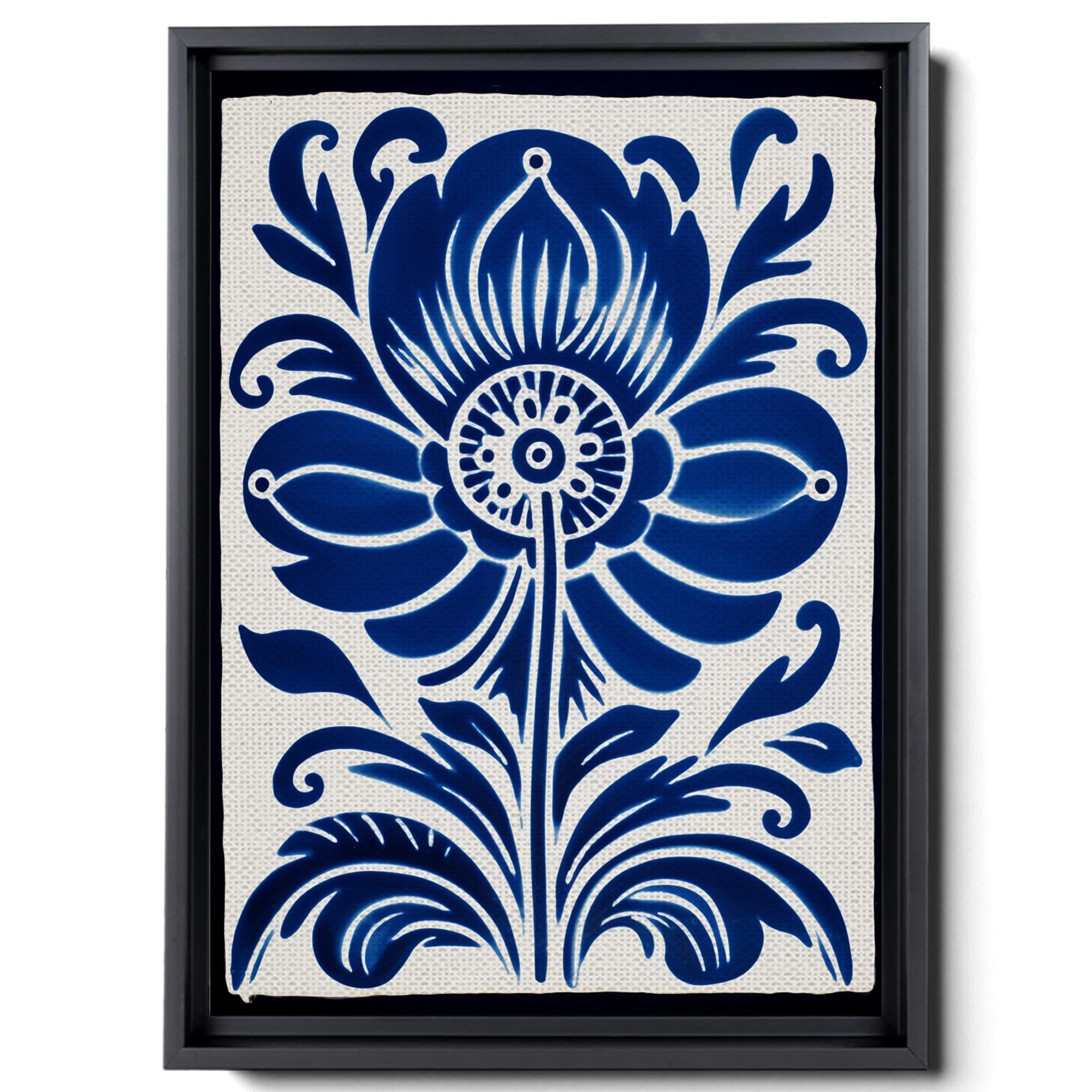 A Tile With A Large Blue Flower With Different Leaves, Negative Space Style, White And Navy Blue, Organic Bioforms, Wall Art