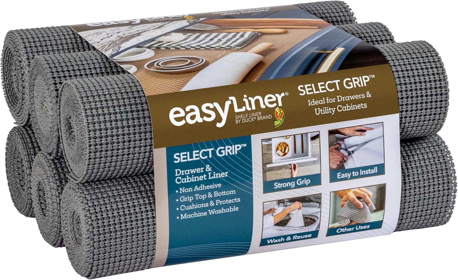 EasyLiner Select Grip Shelf Liner for Drawers & Cabinets - Easy to Install & Cut to Fit - Non Slip Non Adhesive Grip Shelf Liner for Kitchen, Bathroom, Pantry - 12 in. x 10 ft. - 6 Rolls - Dark Gray