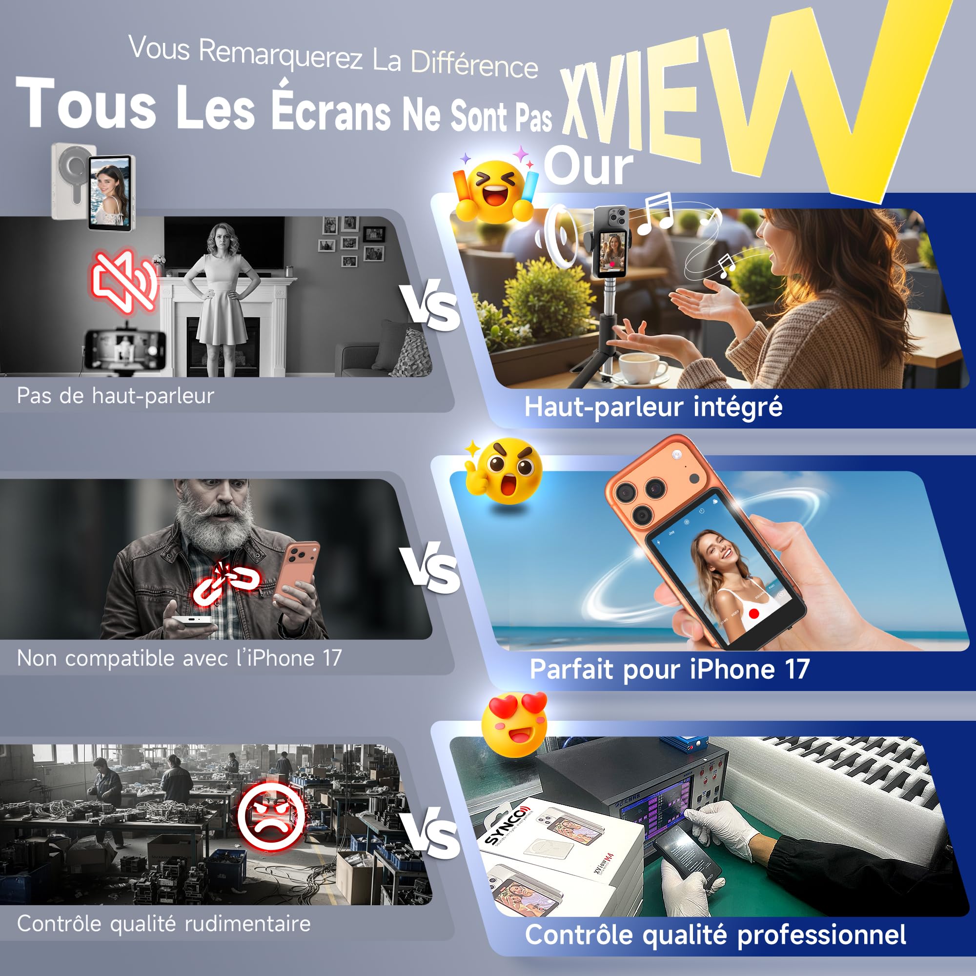 SYNCO XView Monitor Selfie Vlog pour iPhone 17 - Écran Selfie Magnétique sans Fil 1080P/4K pour Vlog, Utilise Caméra Arrière, 50m, 3h, Haut-Parleur pour Live Youtube/TikTok
