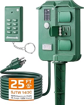 DEWENWILS Outdoor Power Stake Timer, Waterproof Outdoor Timer with 25FT Extension Cord, 100FT Range Remote Control, Photocell