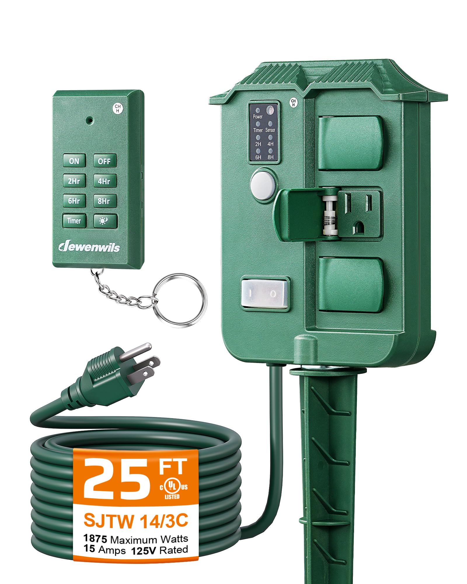 DEWENWILS Outdoor Power Stake Timer, Waterproof Outdoor Timer with 25FT Extension Cord, 100FT Range Remote Control, Photocell Dusk to Dawn Outlet for