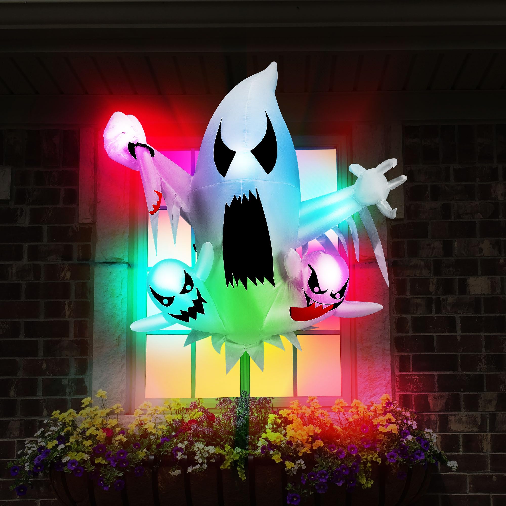 VIVOHOME 3.5ft Height Halloween Inflatable 3 Ghosts with Sword and Colorful Lights Broke Out from Window Blow up Outdoor Lawn Yard Decoration