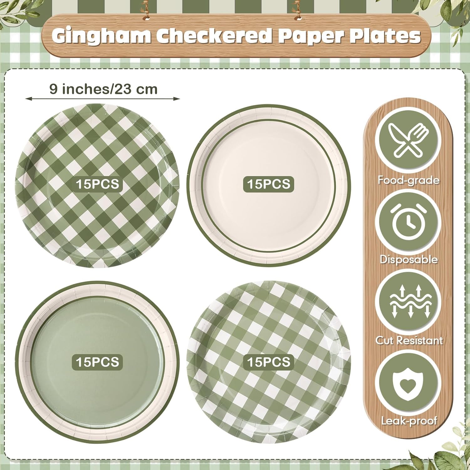 60 Pcs Sage Green Gingham Paper Dessert Plates 9 Inch Disposable Checkered Plaid Dinner Plates for Birthday Baby Shower Wedding Camping Themed Party Supplies, 4 Styles - Image 4