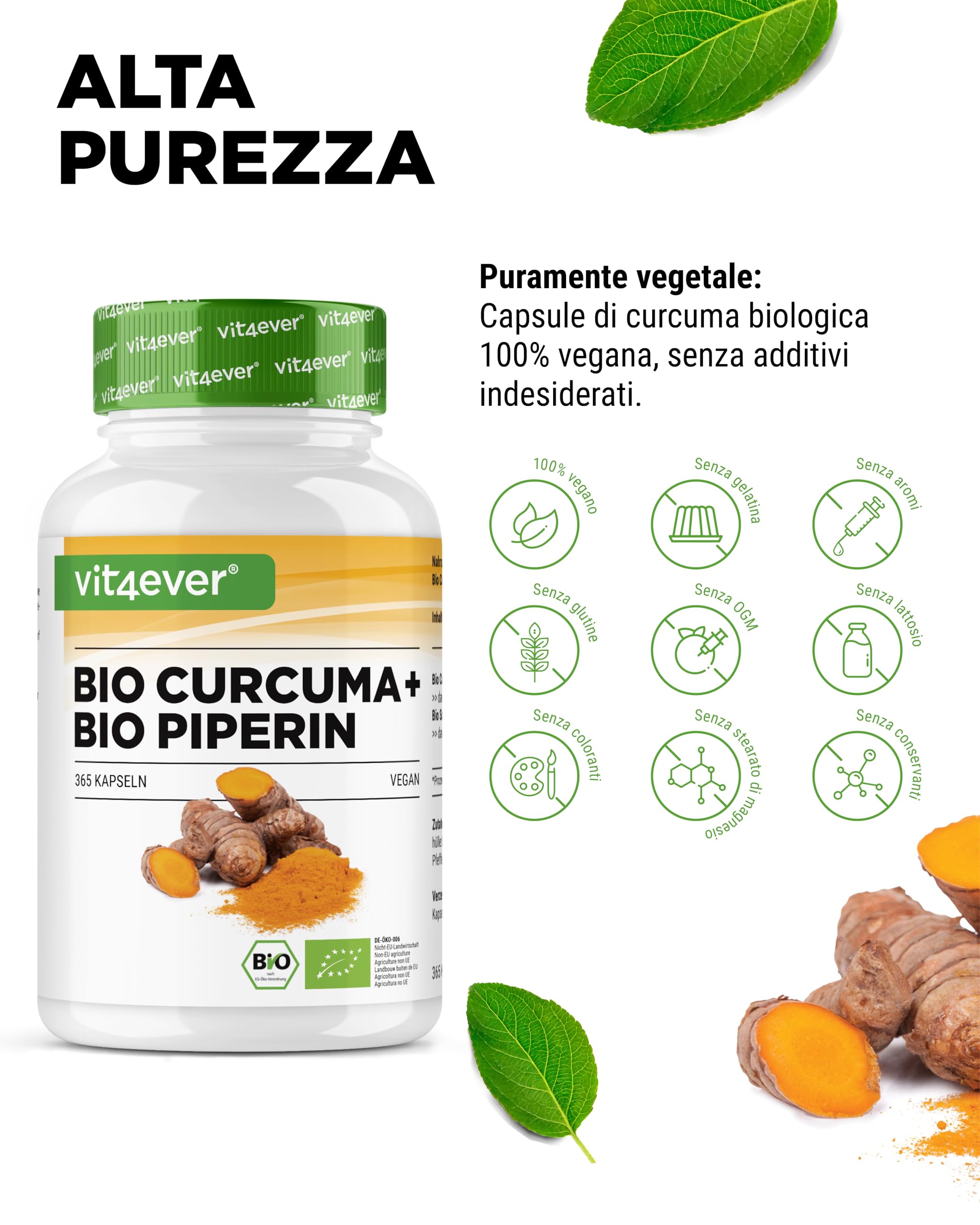 Curcuma organica con pepe nero - 365 capsule - 4511 mg di curcuma organica (Kurkuma) per dose giornaliera - con curcumina e piperina - 100% qualità organic - alto dosaggio - vegano