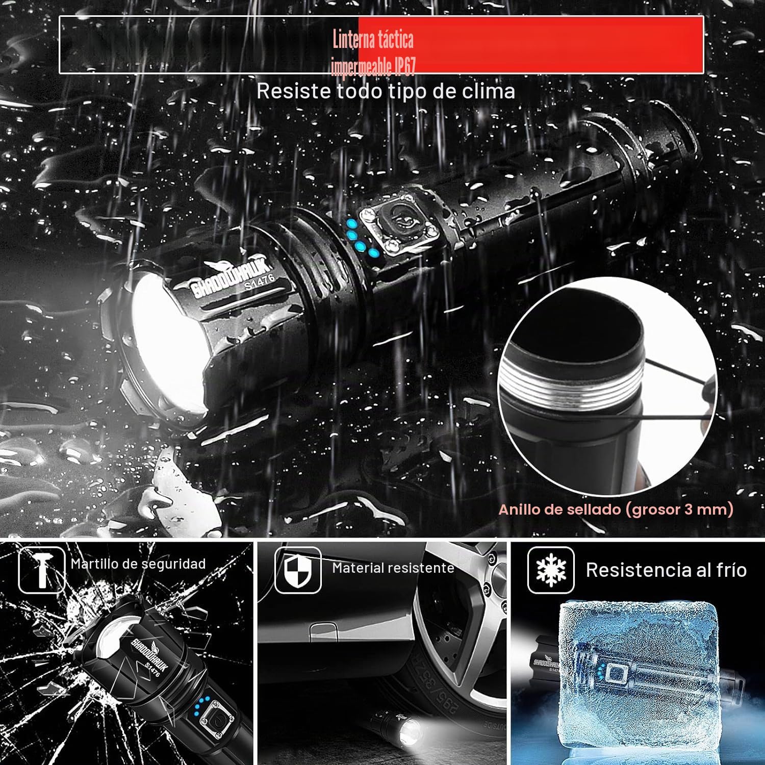 Shadowhawk Linternas LED Alta Potencia 20000 Lúmenes, Linterna LED Recargable USB Táctica Militar Potente, XHP70.2 Linterna a Pilas, IPX67 Impermeable 5 Modos Portátil Linternas