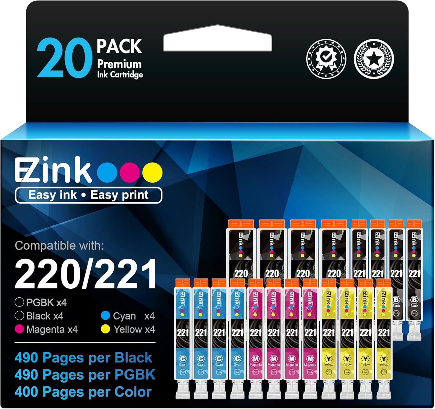 E-Z Ink Compatible Ink Cartridge Replacement for Canon PGI220 PGI-220 CLI221 CLI-221 to use with MX870 MX860 MP620 MP560 MP980 (4 Large Black, 4 Cyan, 4 Magenta, 4 Yellow, 4 Small Black) 20 Pack