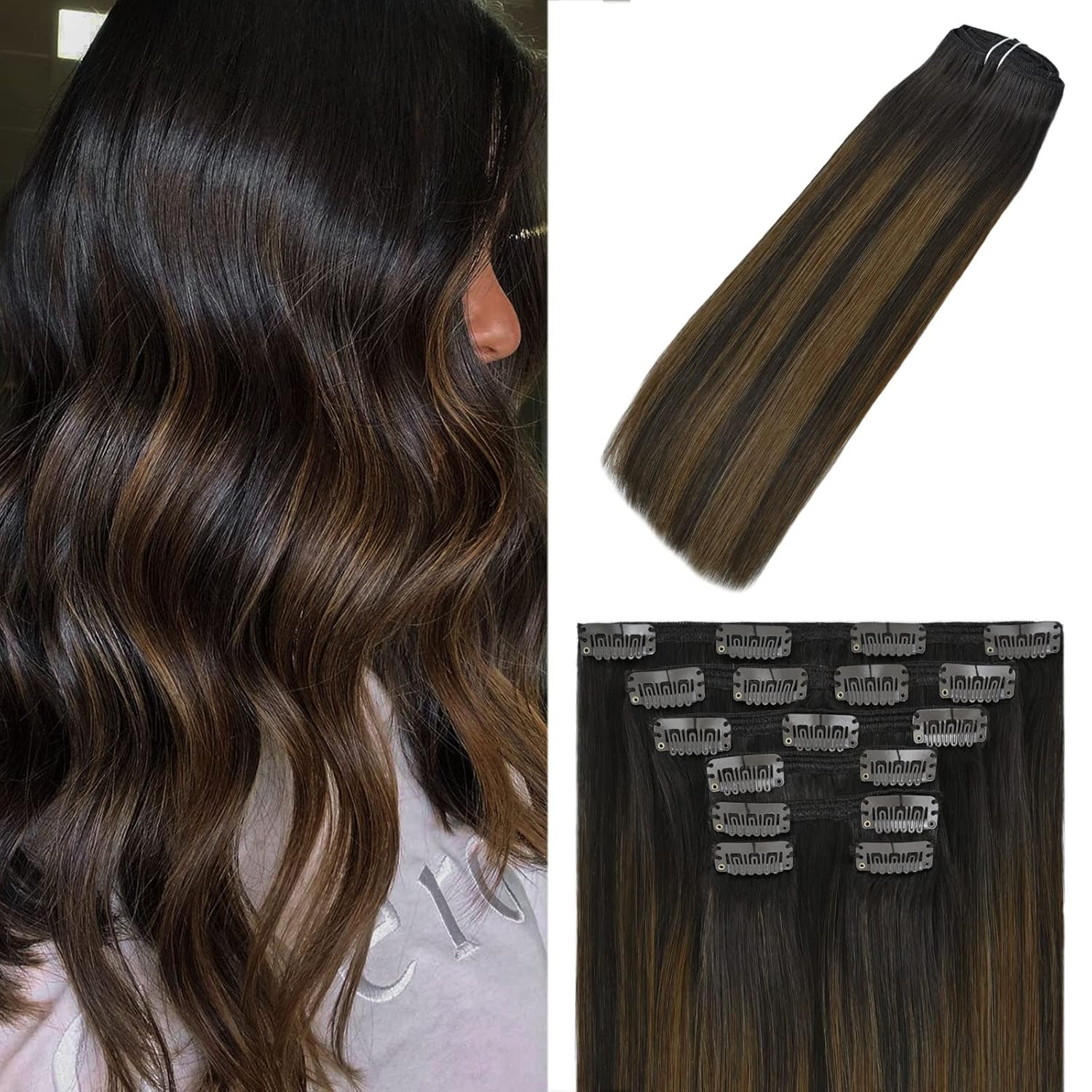WindTouch Clip In Hair Extensions Human Hair 120g Balayage Dark Brown to Chestnut