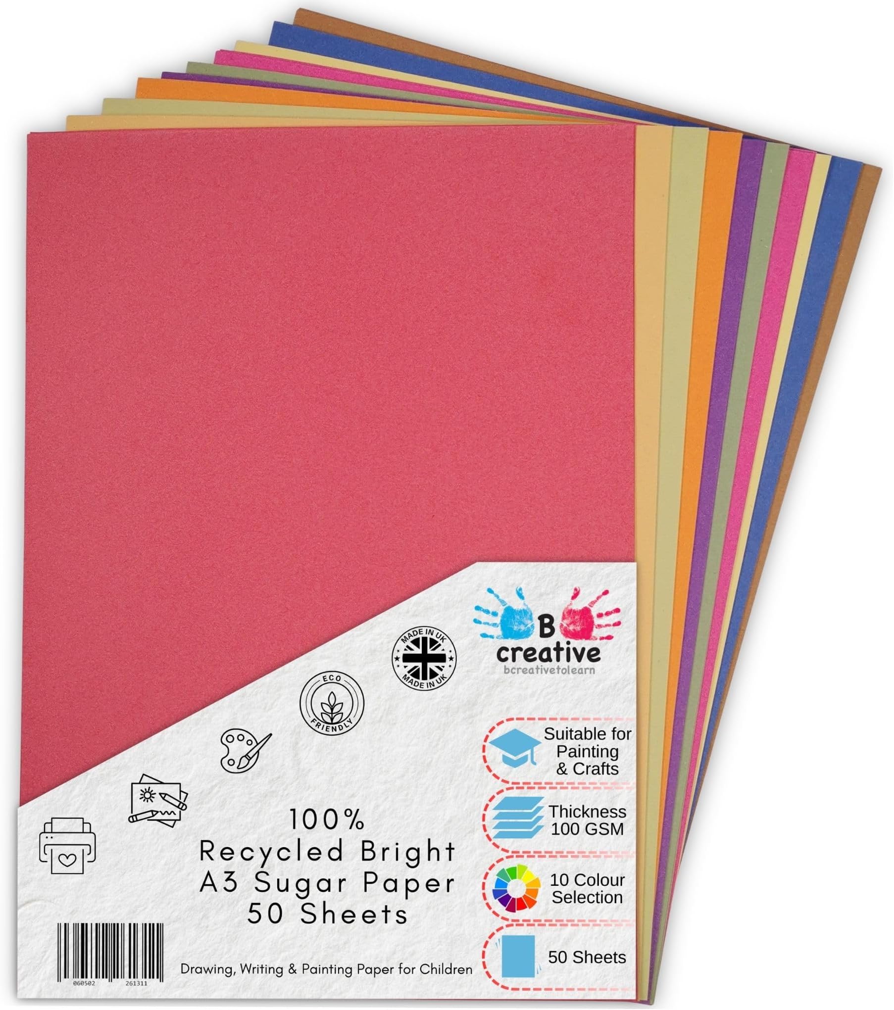A3 Recycled Ten Colour Sugar paper 100gsm 50 sheets by BCreative ®