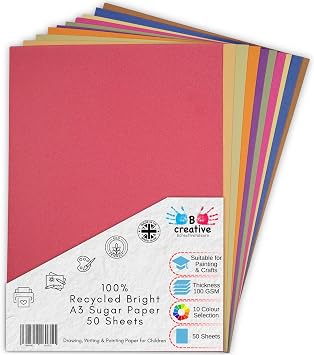 Be Creative A3 Recycled Sugar Paper 42 x 29.7 cm 100gsm   50 Sheets in 10 Assorted Bright Colours for Arts, Crafts, Drawing & Scrapbooking