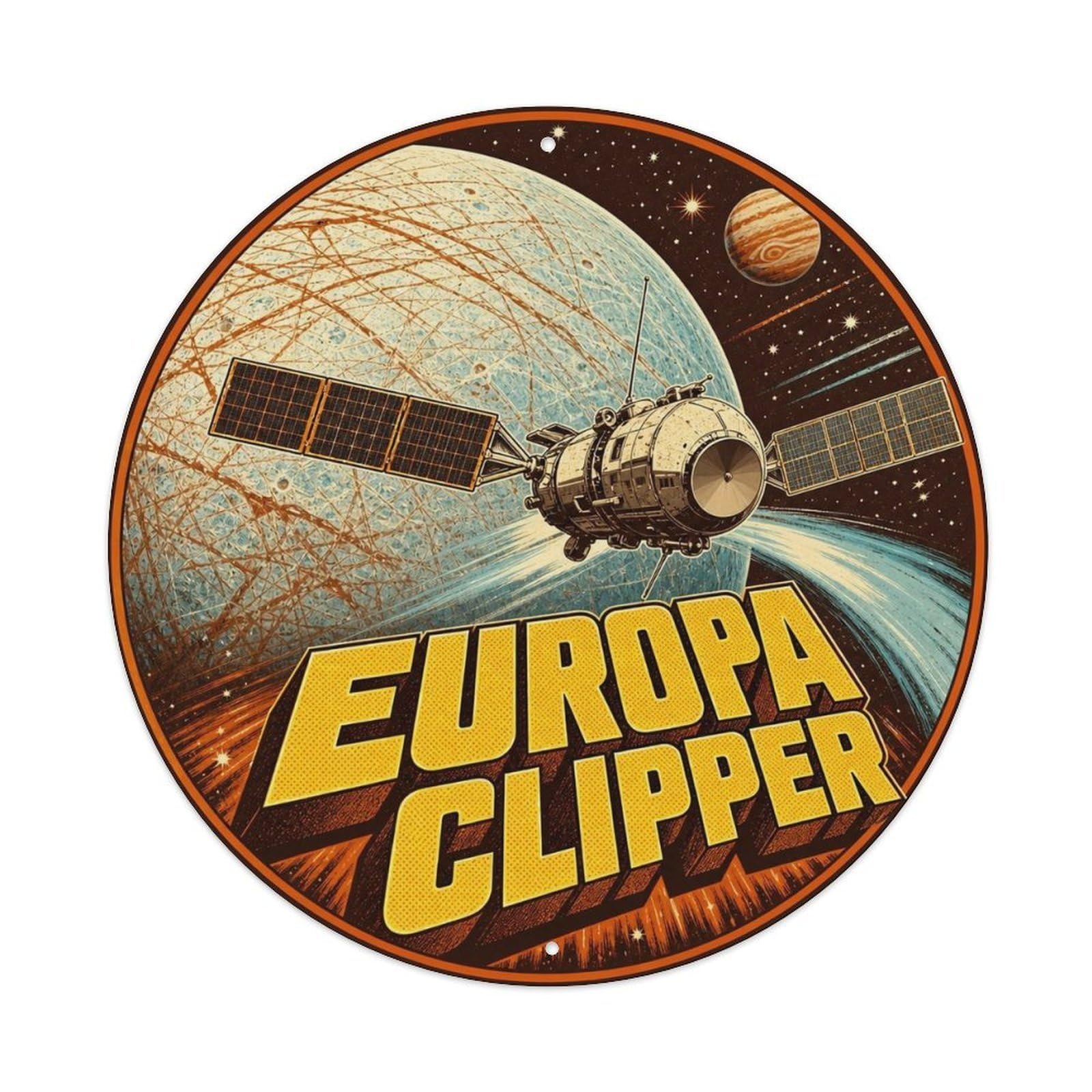 Retro Space Jupiter Europa Milky Way Universe Metal Tin Sign Plaque Wall Decor for Cafe, Man Cave, Club Bar, Office, Home Garden Round Metal Poster 8x8Inch