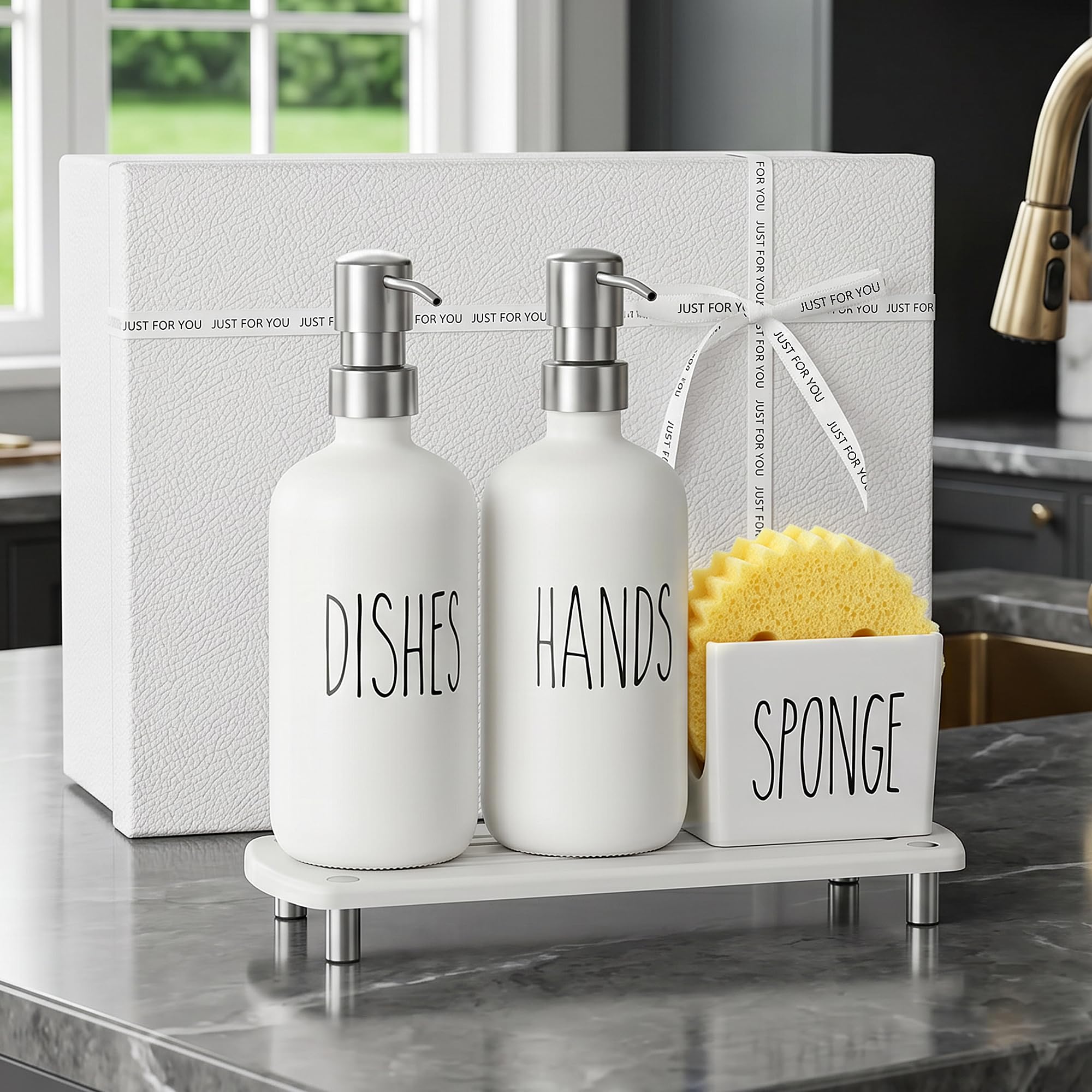 Cisily Housewarming Gifts New Home Basket, Kitchen Soap Dispenser Set Comes with Ceramics Sponge Holder, Silver Stainless Steel Pumps, and Instant Dry Tray, Hand and Dish Soap Dispenser Set