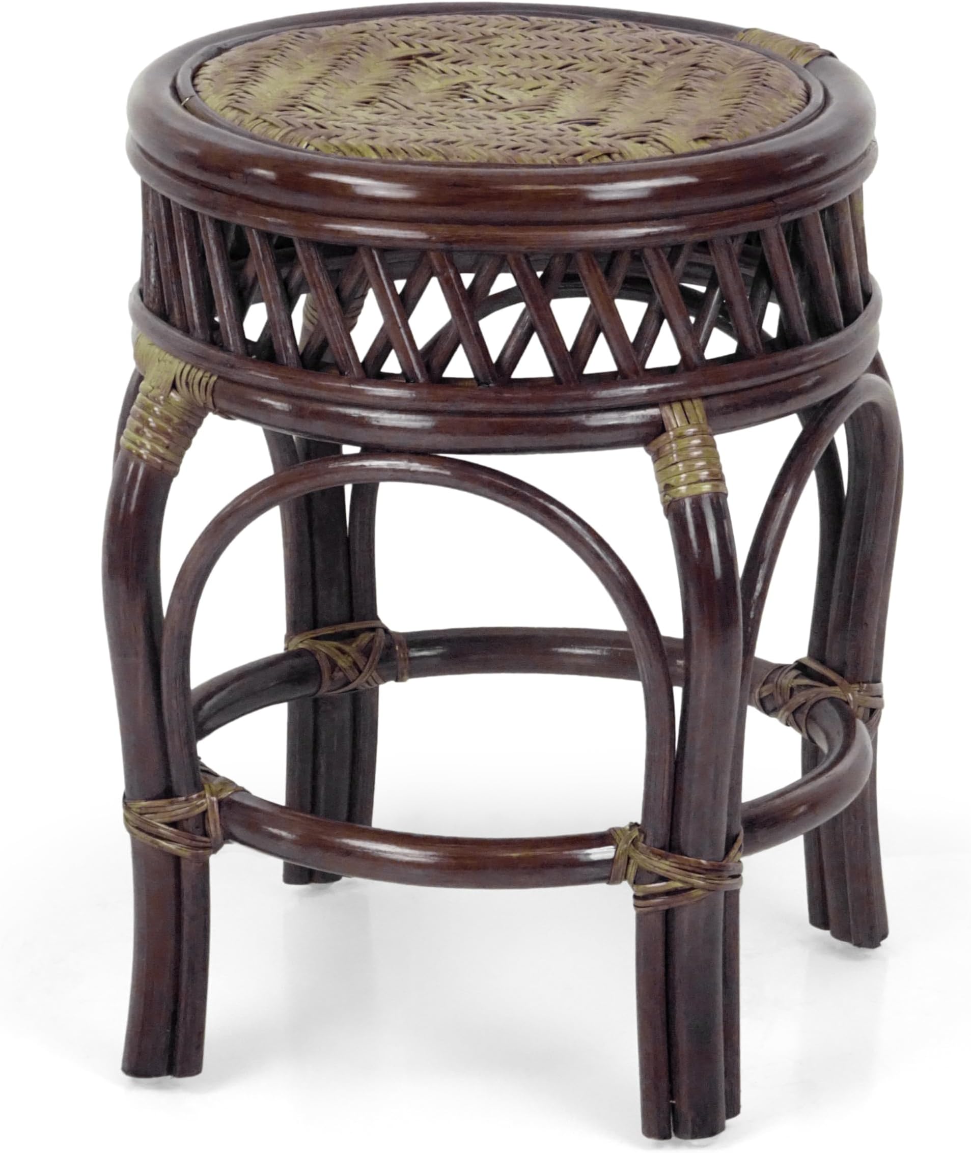 Handmade Round Stool Ginger Natural Rattan Wicker Fully Assembled Plant Stand, Dark Brown