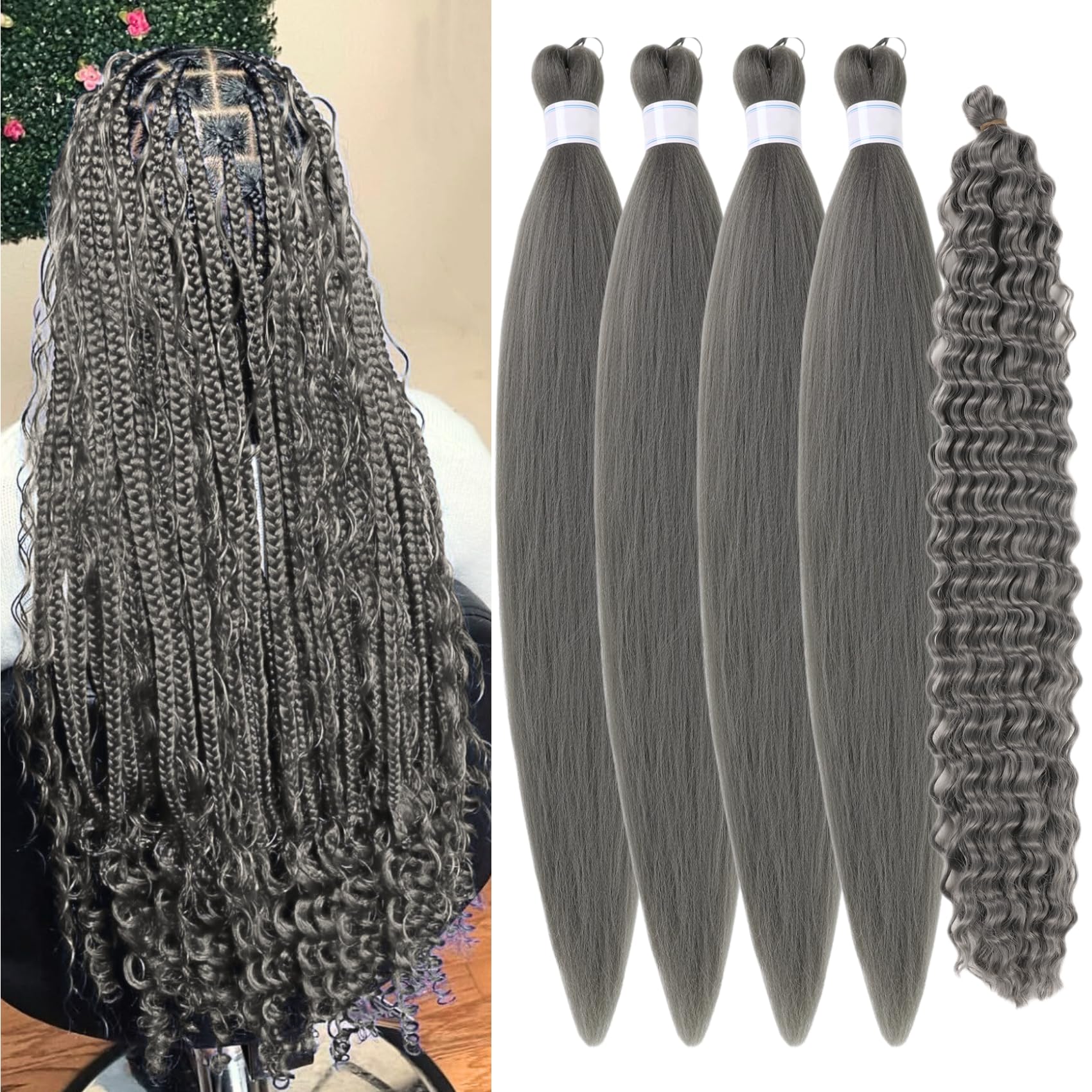 Grey Boho Braiding Hair Pre stretched Curly Braiding Hair Extensions Synthetic Hypoallergenic Ez Braid Curly Deep Wave Crochet Boho Braids Knotless