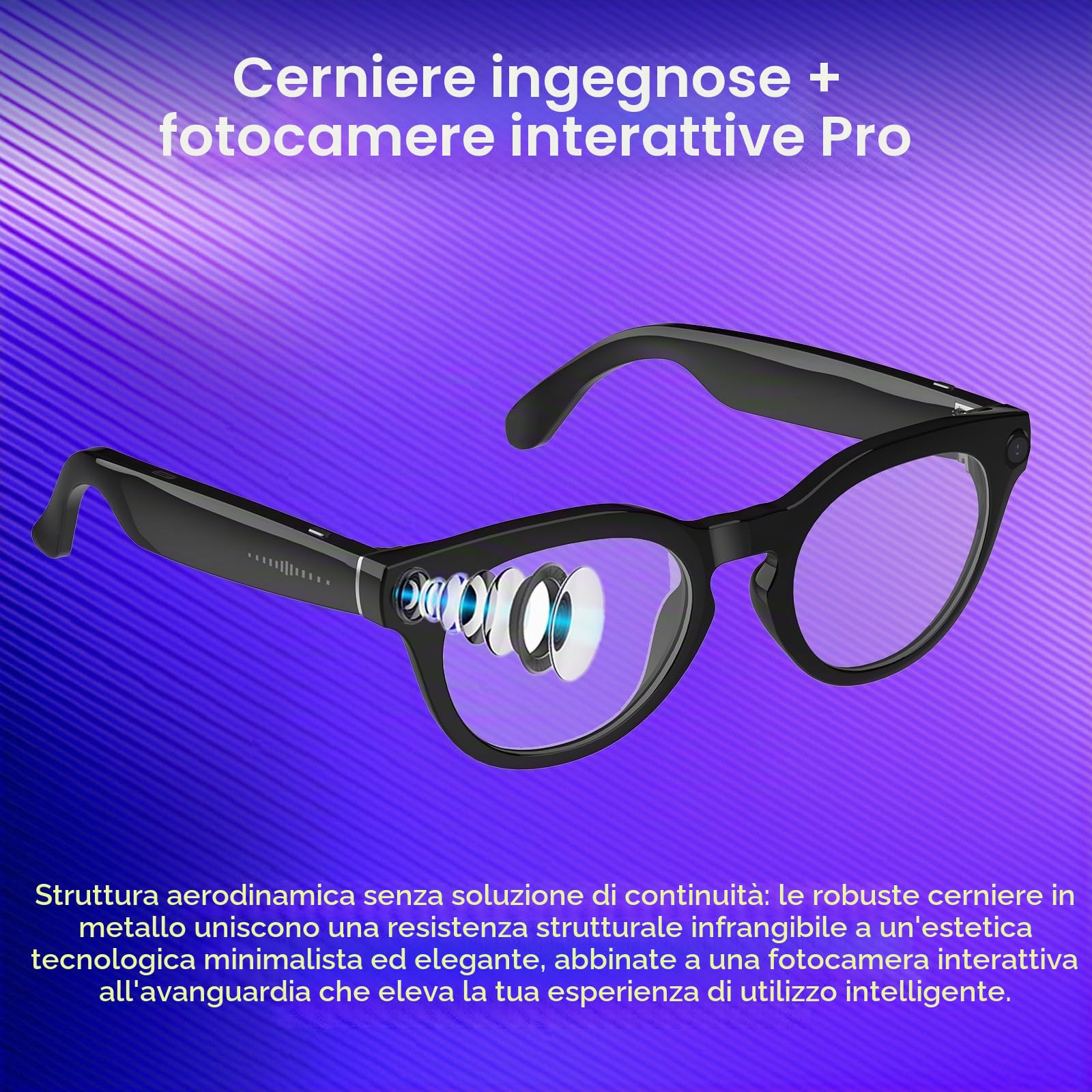 GenXenon Occhiali Connessi Con IA, Occhiali-Camera HD 8 MP – 220 mAh, Video 1200P, Scatto Di Foto E Video, Traduzione In Tempo Reale, Occhiali-Camera Per Ciclismo, Escursionismo E Viaggi.