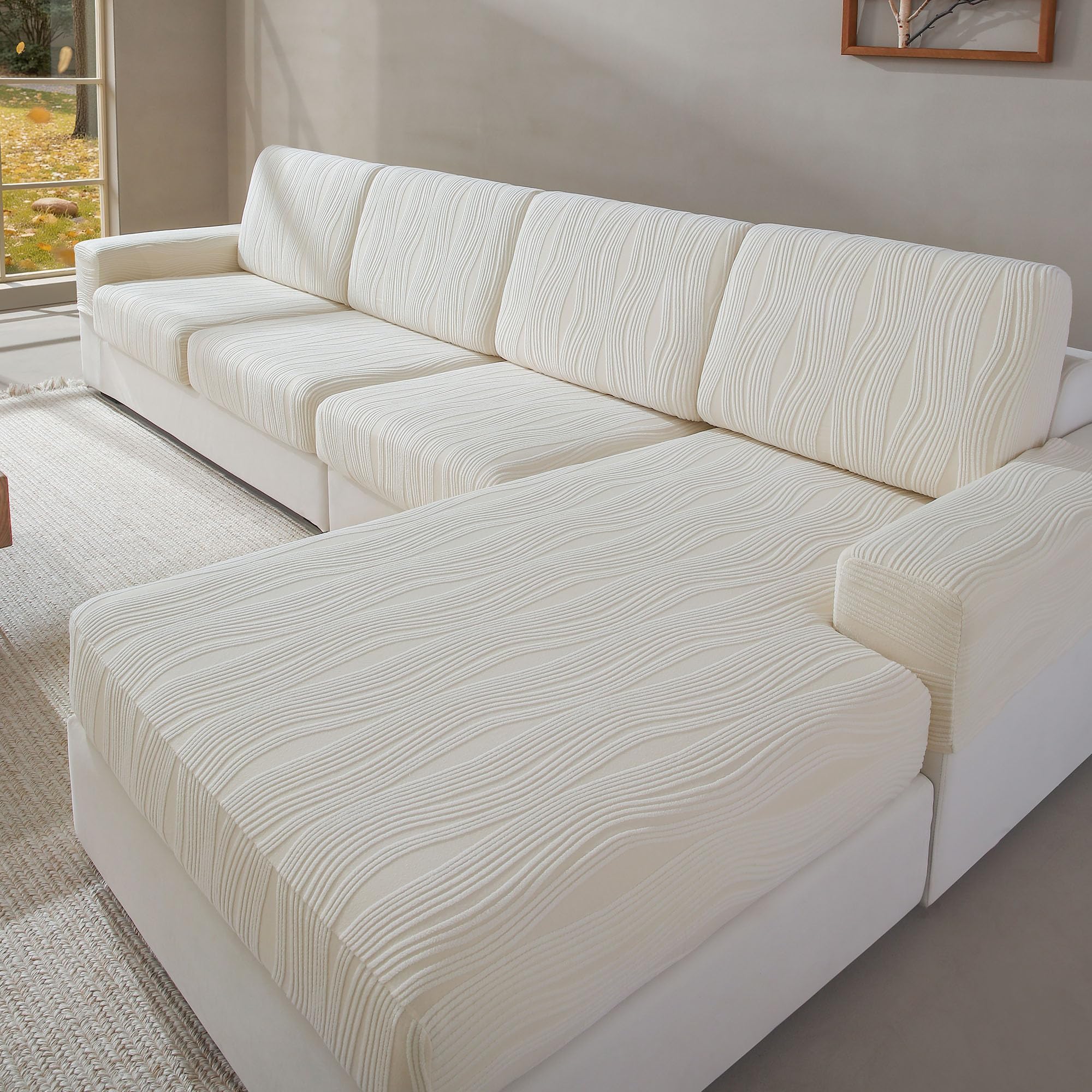 Couch Cushion Covers, Super Stretch Washable Sofa Slipcovers for L Shaped & Modular Seats, Pet-Friendly Furniture Protector with Stripe Design, (2 Seat Covers S+1 Chaise, Ivory)