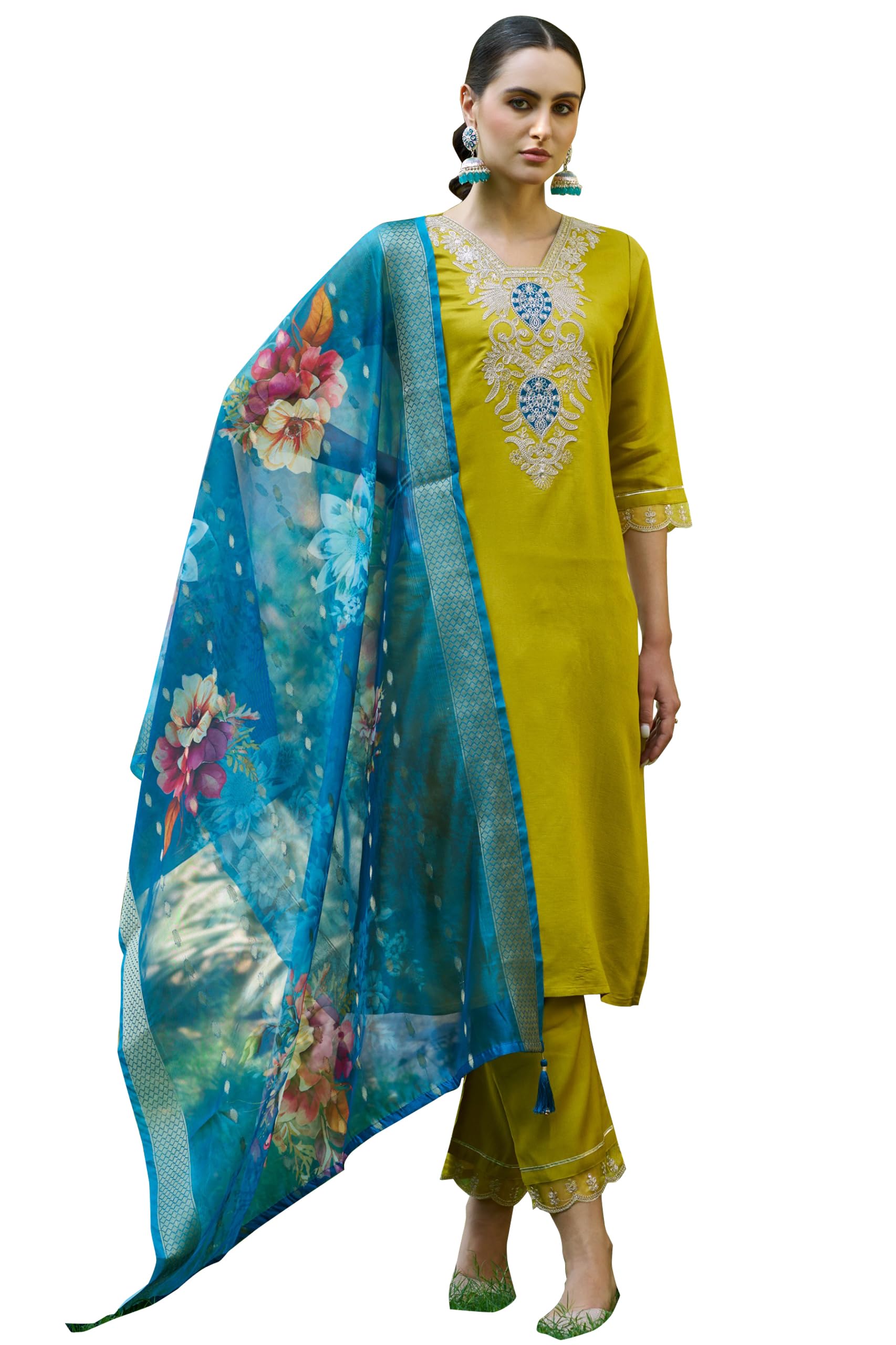 VredeVogel Women's Viscose Rayon Embroidered Kurta with Pant & Organza Dupatta Set