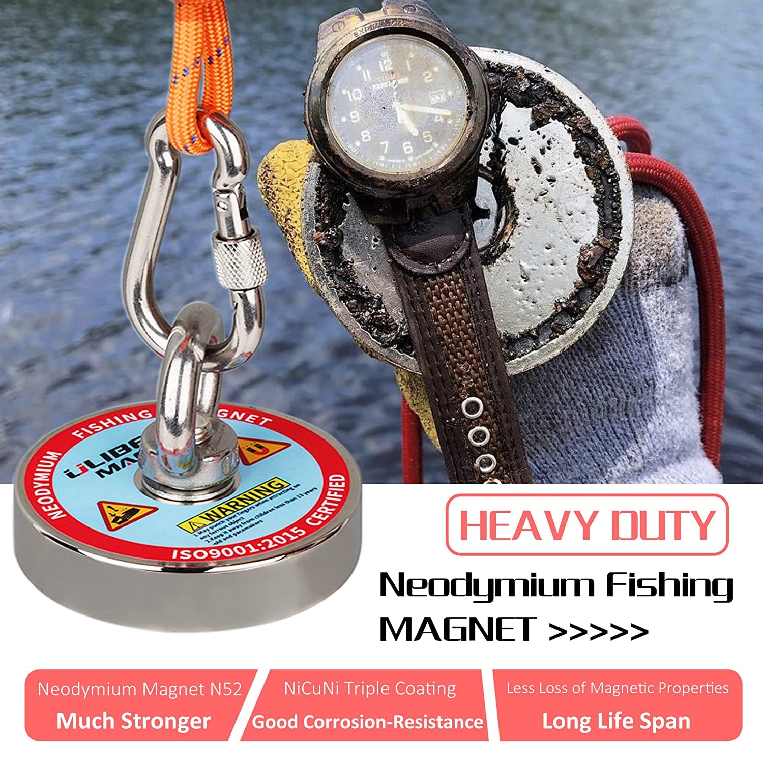 ULIBERMAG 320KG N52 - Set di magneti da pesca al neodimio con corda, guanti, per la pesca magnetica e la caccia al tesoro sott'acqua