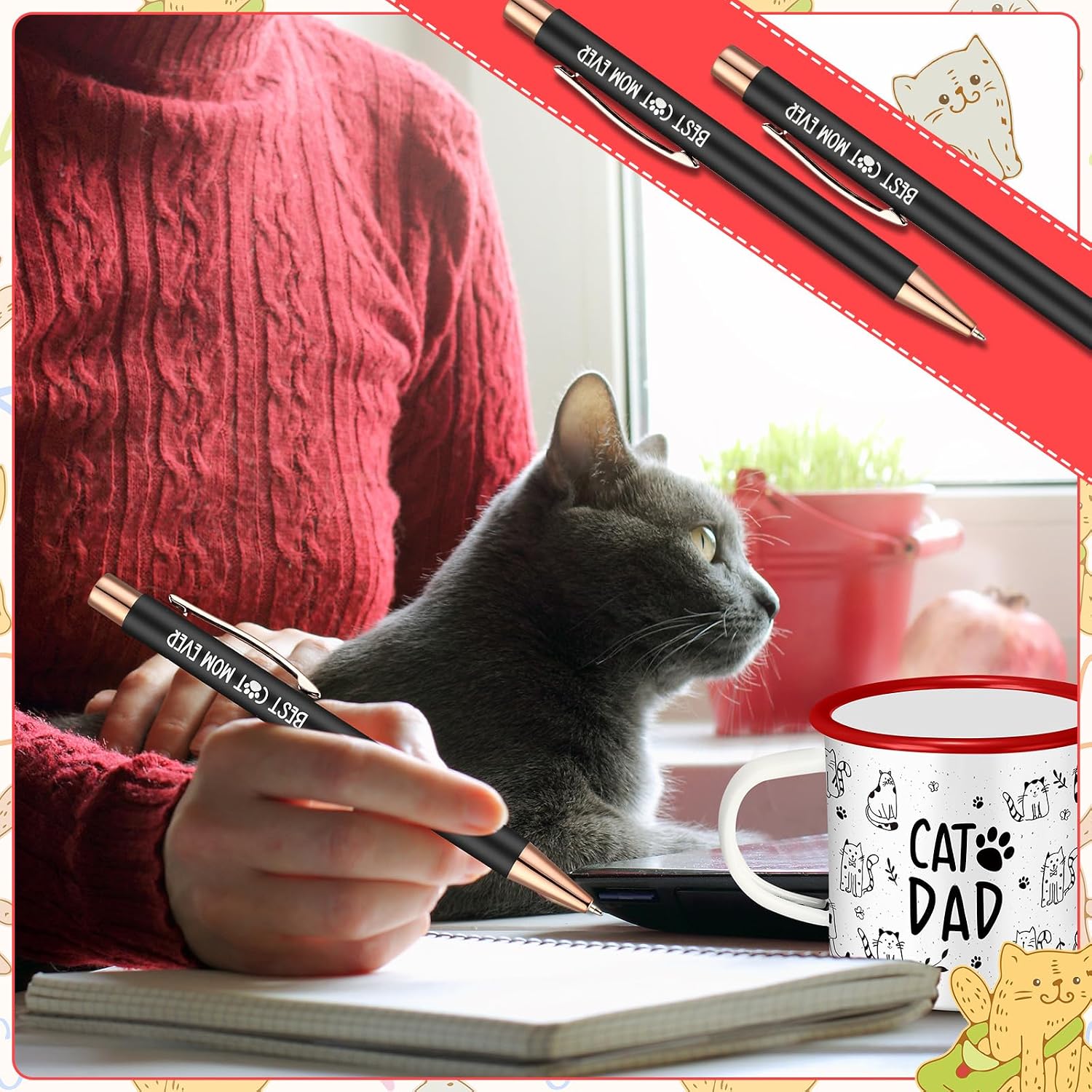 8 Pcs Cat Lover Gift Set Cat Mom and Dad Parent Gift with Mugs Socks Pens Keychains for Men Women Birthday Christmas