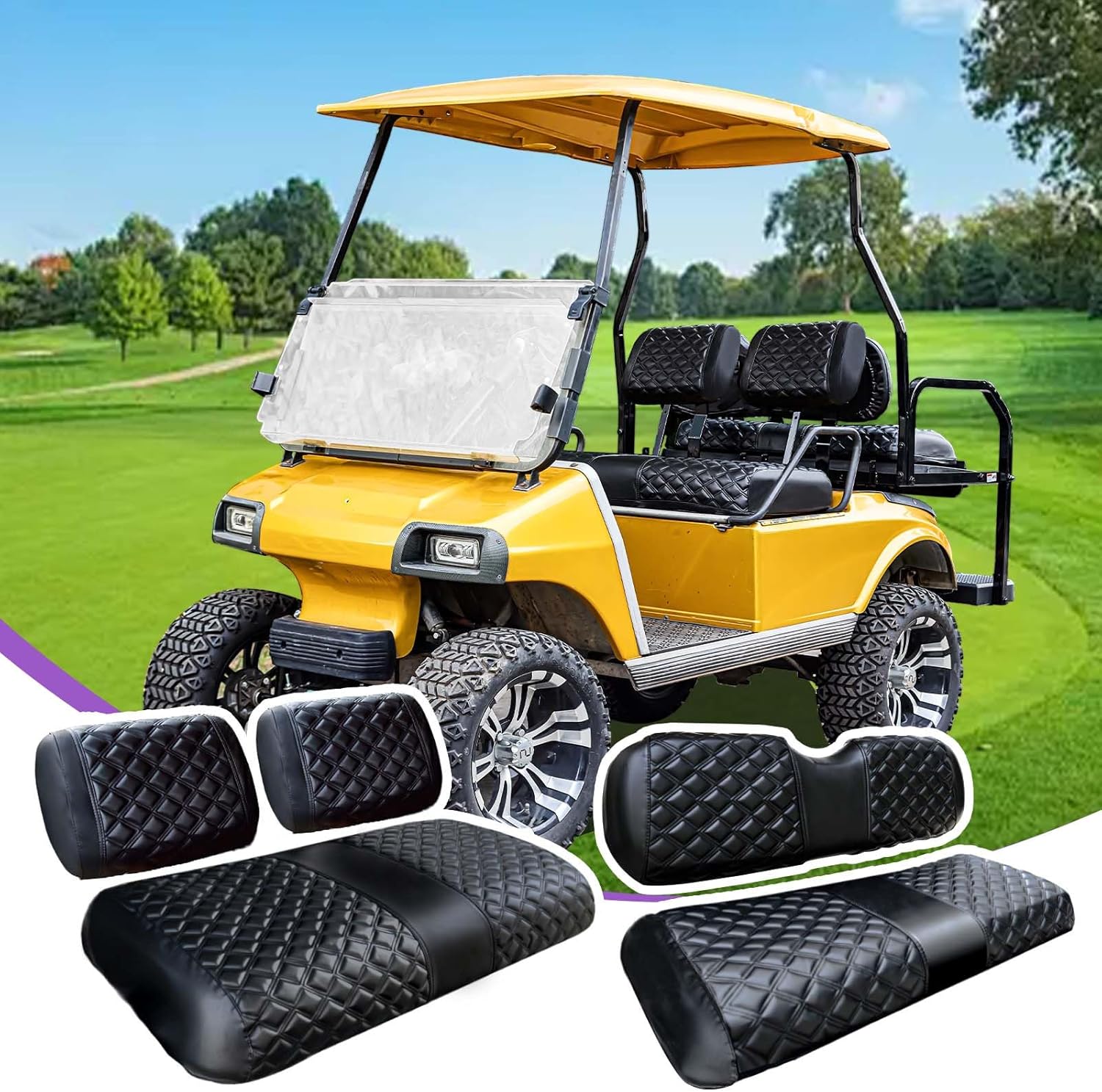 Club Car DS seat Cover, Fit for Club car DS Pre-2000，Vinyl seat Cover, Diamond Texture, Easy to Install Golf cart Accessories, no Staples Required (Black, Fit for Club car DS Pre-2000)