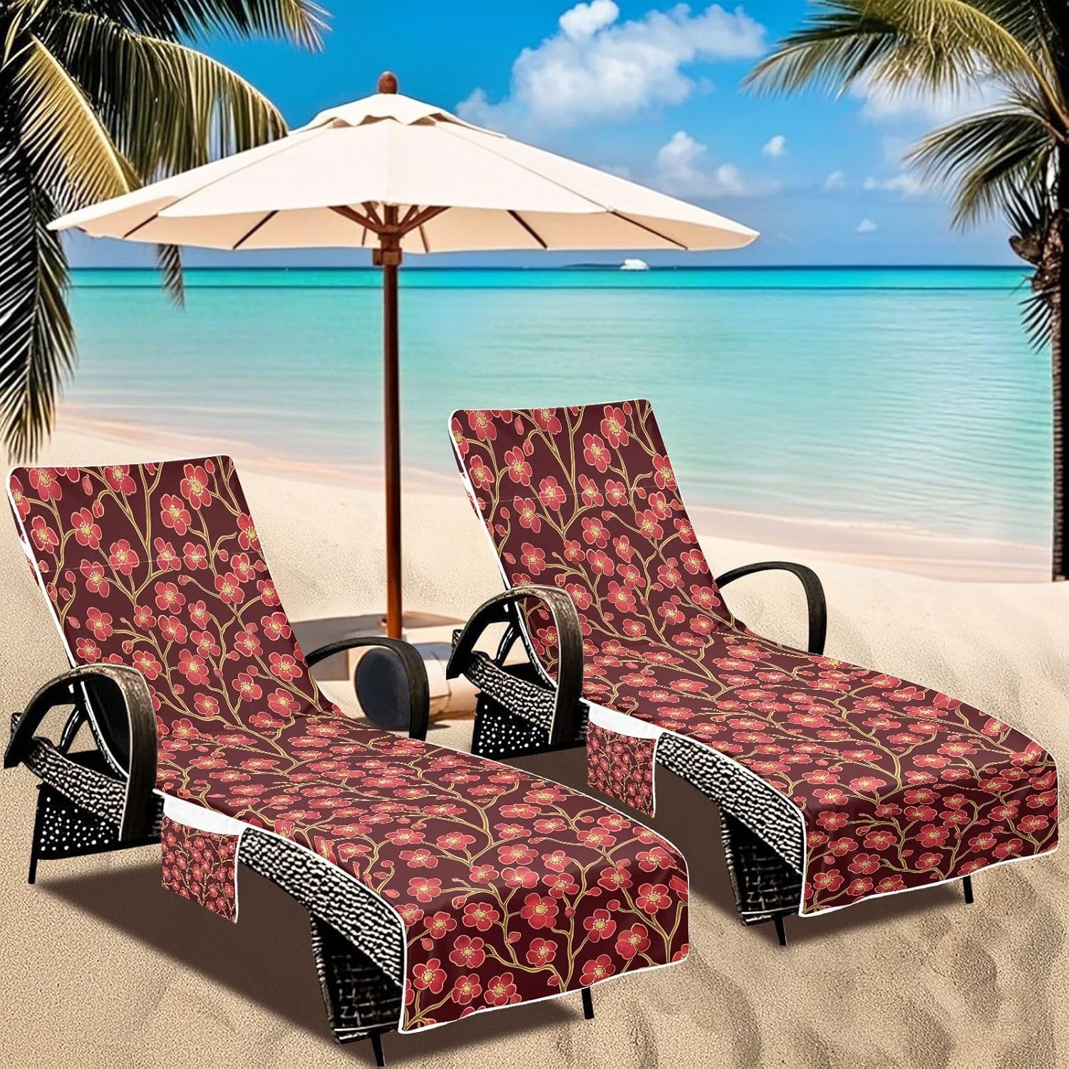 Cherry Blossom Red Brown Patio Lounge Chair Covers Soft Sturdy Outdoor Lounge Chaise Cover with Pockets for Pool Sunbathing Beach Garden, 85" X 30"