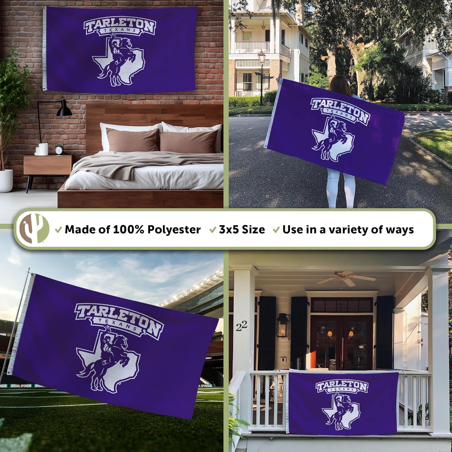 Desert Cactus Tarleton State University TSU Flag - 3 x 5 Feet Texans Banner, Indoor/Outdoor Durable Fabric, 100% Polyester Design (Style 2)