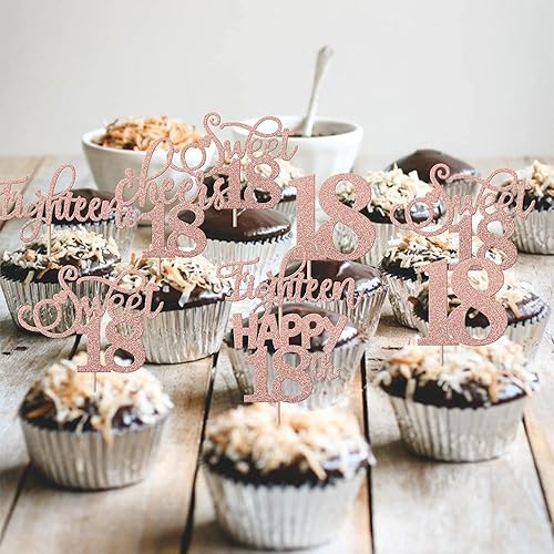 Miniatura 3 de Rsstarxi Paquete de 30 adornos para cupcakes de cumpleaños número 18 con purpurina de oro rosa, 18 palillos para cupcakes, decoraciones de pasteles