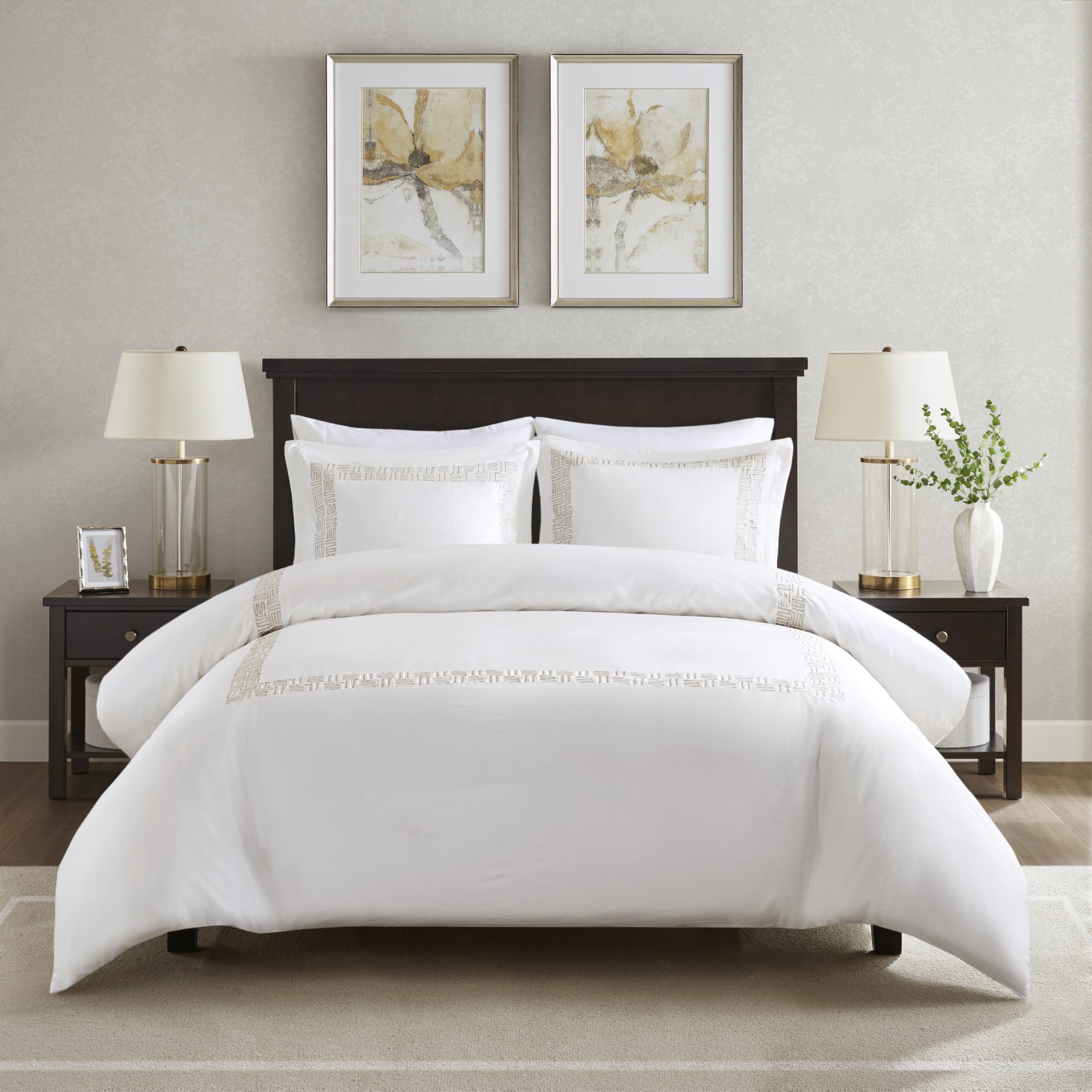 Harbor House Duvet Cover Set White with Gold Greek Fret Embroidery Full/Queen, 100% Cotton 300TC Sateen, Soft Breathable All Season Bedding with Button Closure and Inner Ties, Oeko-TEX Certified-image-40