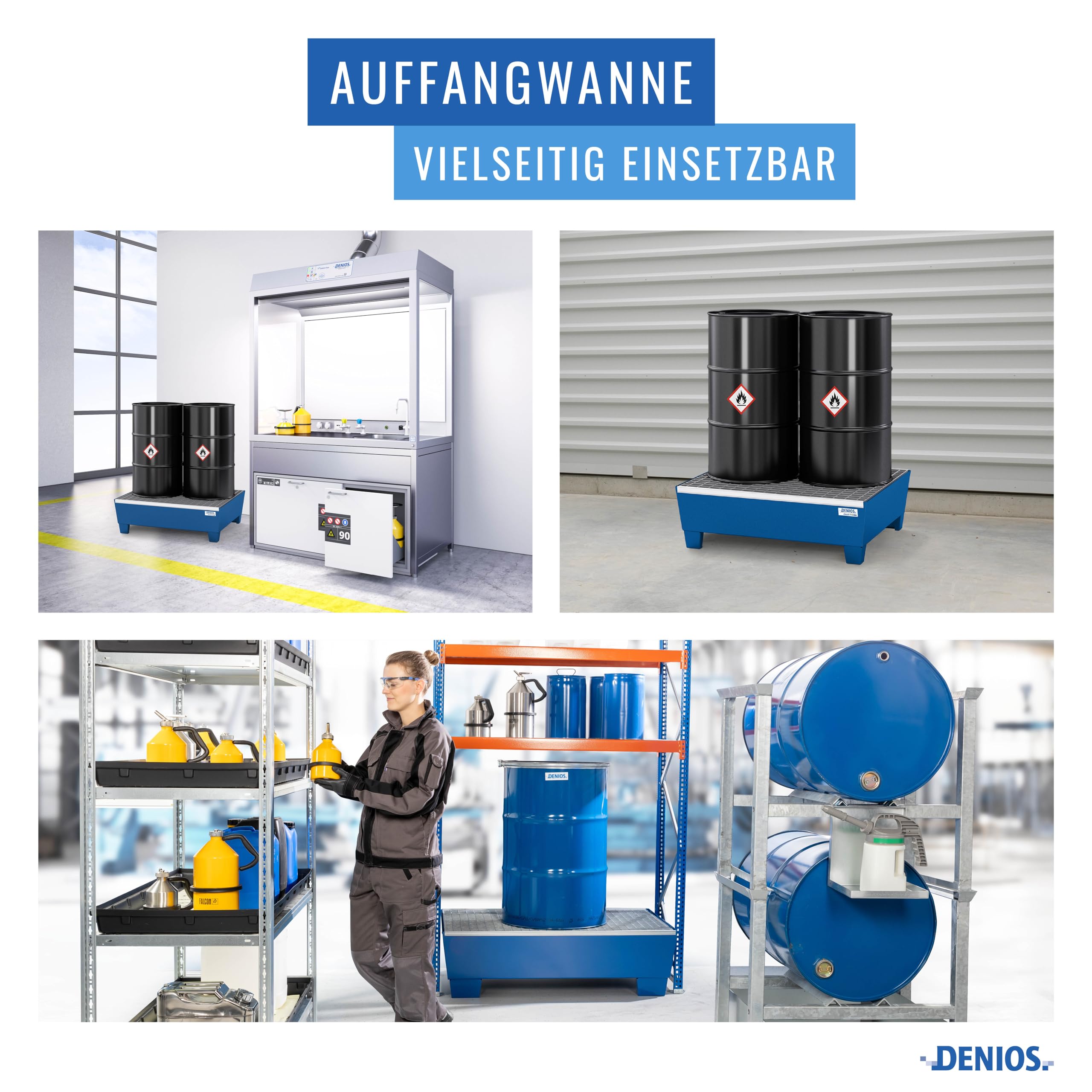 DENIOS Auffangwanne aus Stahl | mit Gitterrost und Stellfüßen | blau | BxHxT 635 x 278 x 785 mm | Volumen 65 Liter | 2 Fässer | Arbeitssicherheit Notfall-Umweltschutz-Produkte säurefest
