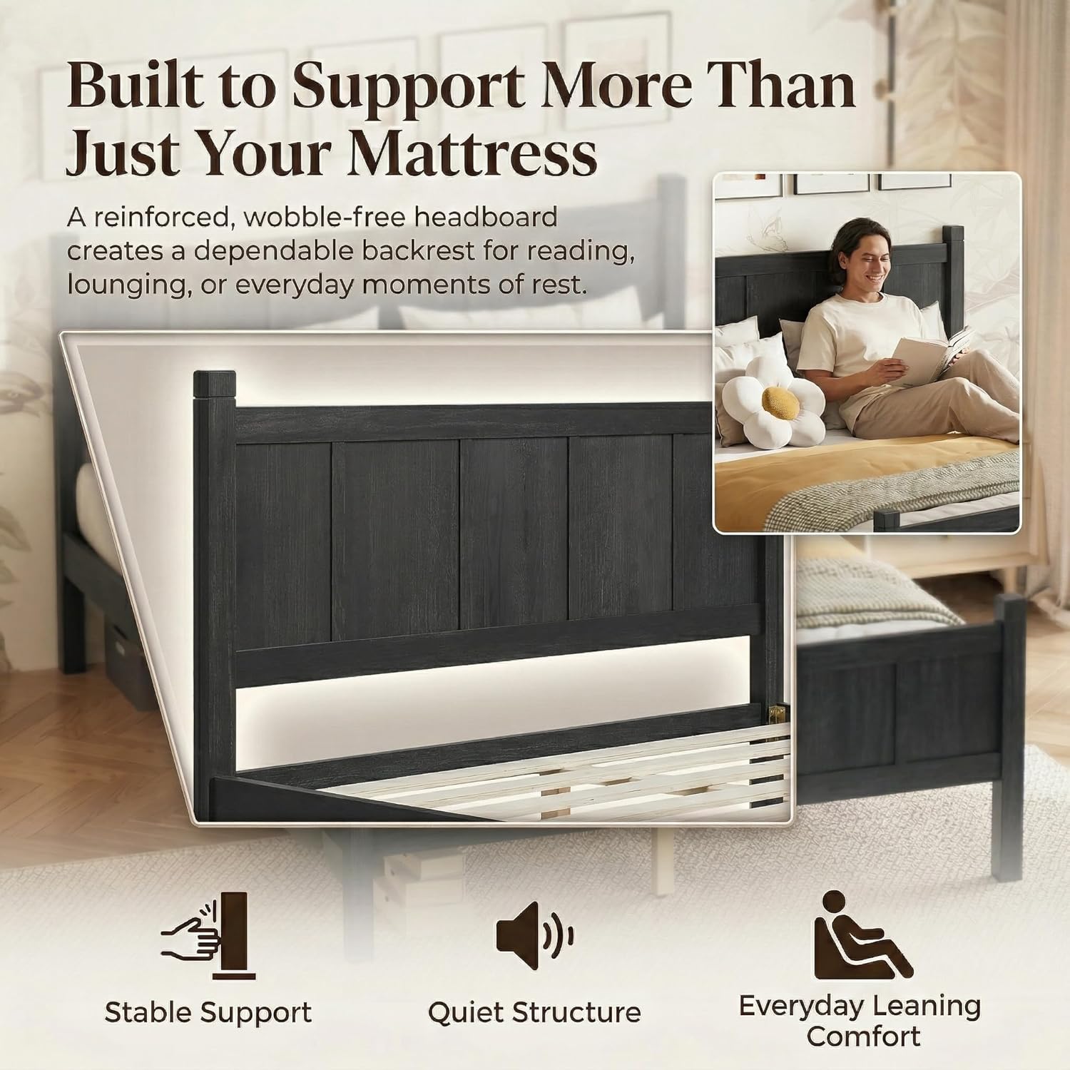 Queen Size Platform Bed Frame with Headboard & Footboard, Modern Farmhouse Wood Grain Flat Panel Bed for Adults, Teens, Small Spaces & Guest Room, No Box Spring Needed, Black