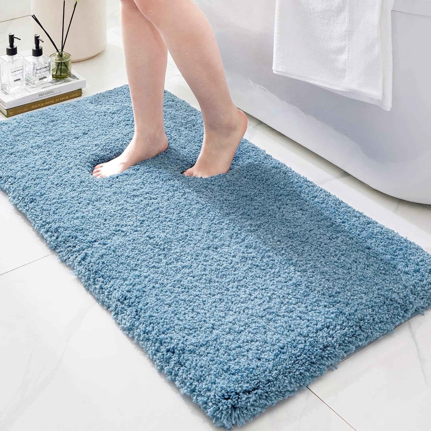 Bathroom Rugs 59x24 Ultra Thick Shaggy Soft Microfiber Absorbent Bath Rug High Density Foam Latex Non Slip Backing