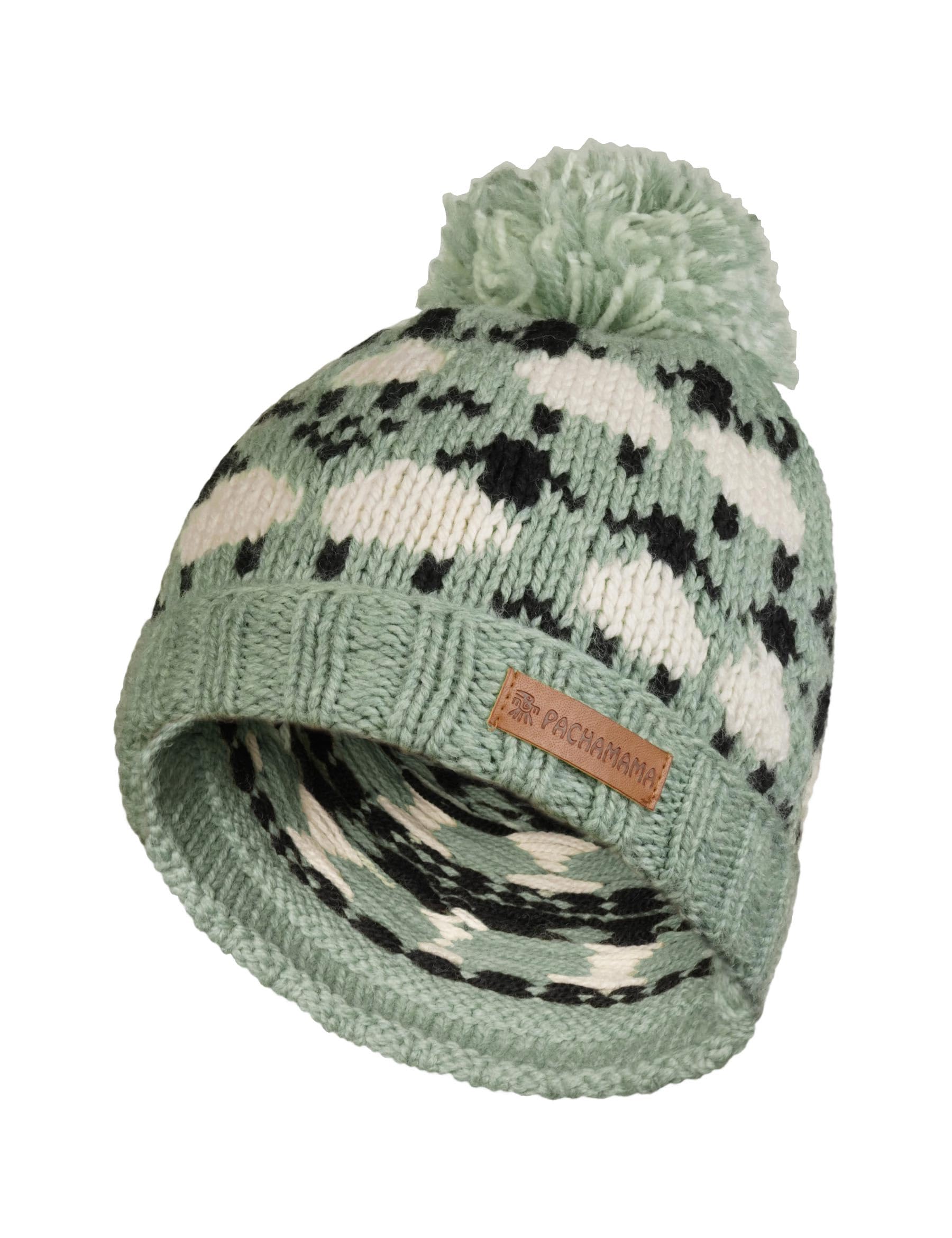 Pachamama Women 100% Pure Fine Merino Wool Beanie Bobble Hat Handknitted Sheep Flock Design One-Size Handmade Soft Warm Breathable Moisture Wicking Fair Trade (UK, Alpha, One Size, Green)