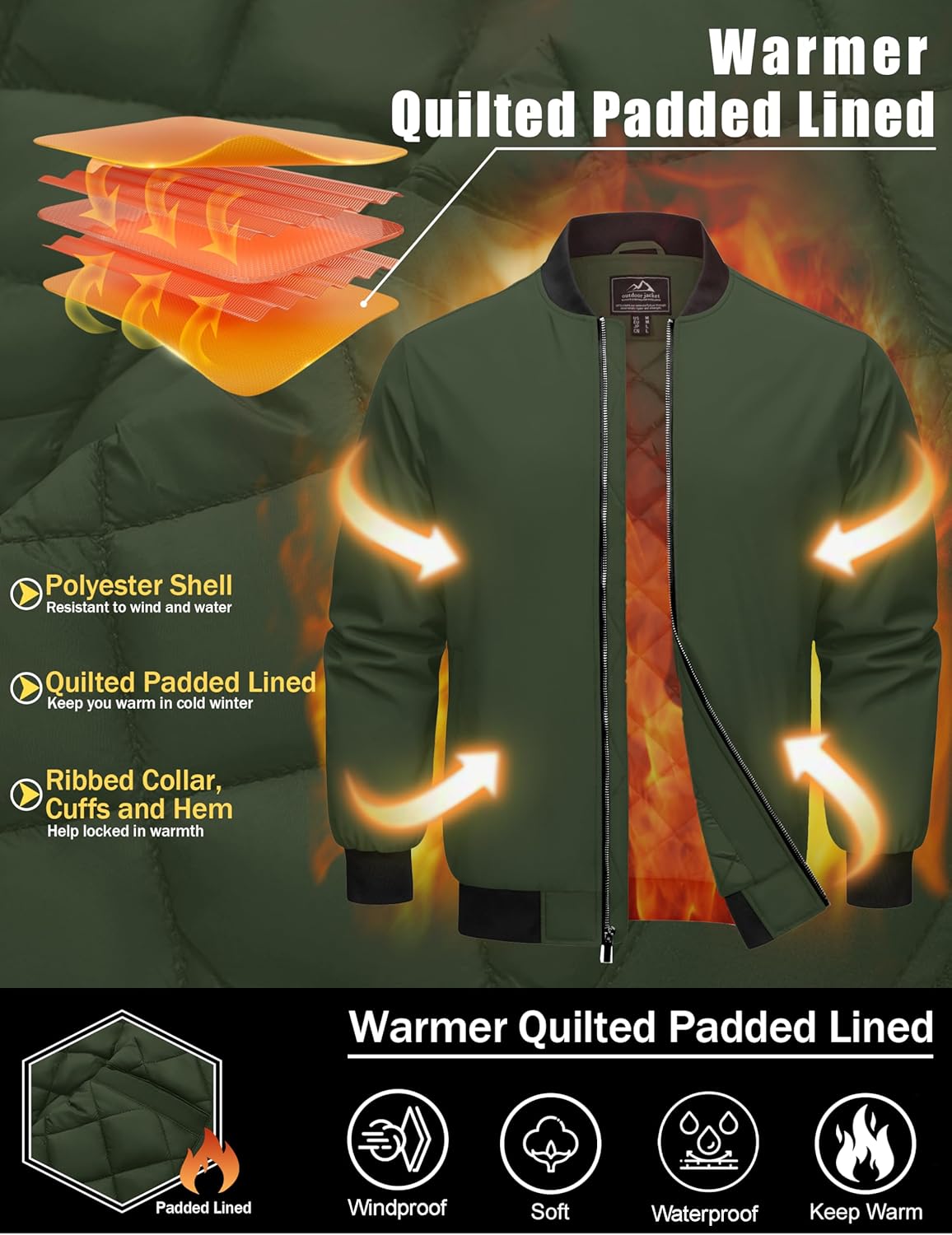 Cotrasen Men's Bomber Jacket Fall Winter Warm Windbreaker Full Zip Windproof Casual Padded Coats - Image 5