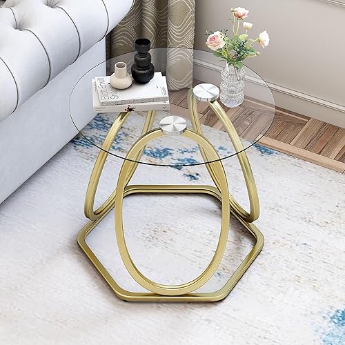 Miniatura 10 de O&K FURNITURE Mesa auxiliar plateada para sala de estar, mesa auxiliar de vidrio para dormitorio, moderna mesita de noche redonda de vidrio con