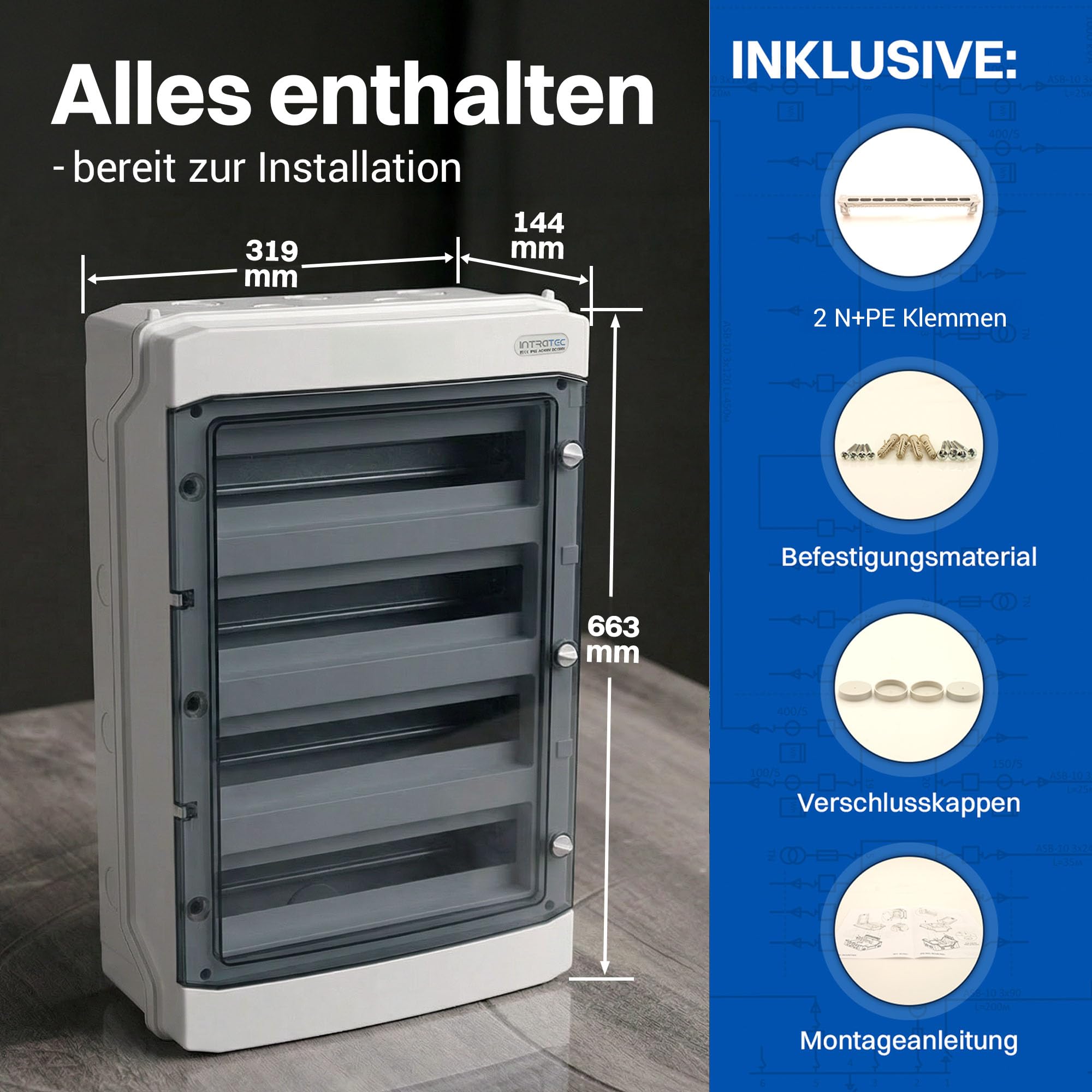 Intratec Verteilerkasten Aufputz 4 reihig – IP65 Sicherungskasten für 48 Module – Feuchtraum Verteiler für Garten, Keller, Garage & Außenbereich – 400VAC 1500VDC Kleinverteiler, 663 x 319 x 144 mm