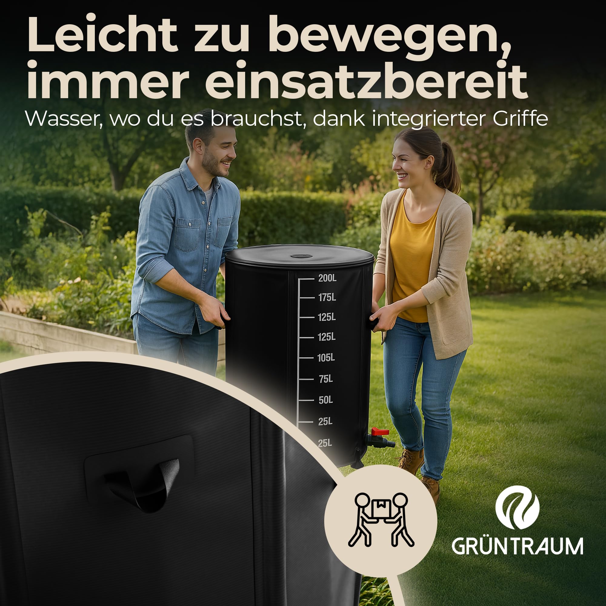 Tonel plegable de 200L – barril de lluvia / barril de agua pluvial / depósito de agua plegable – barril de agua estable – resistente a la intemperie – con indicador de nivel y sistema Air
